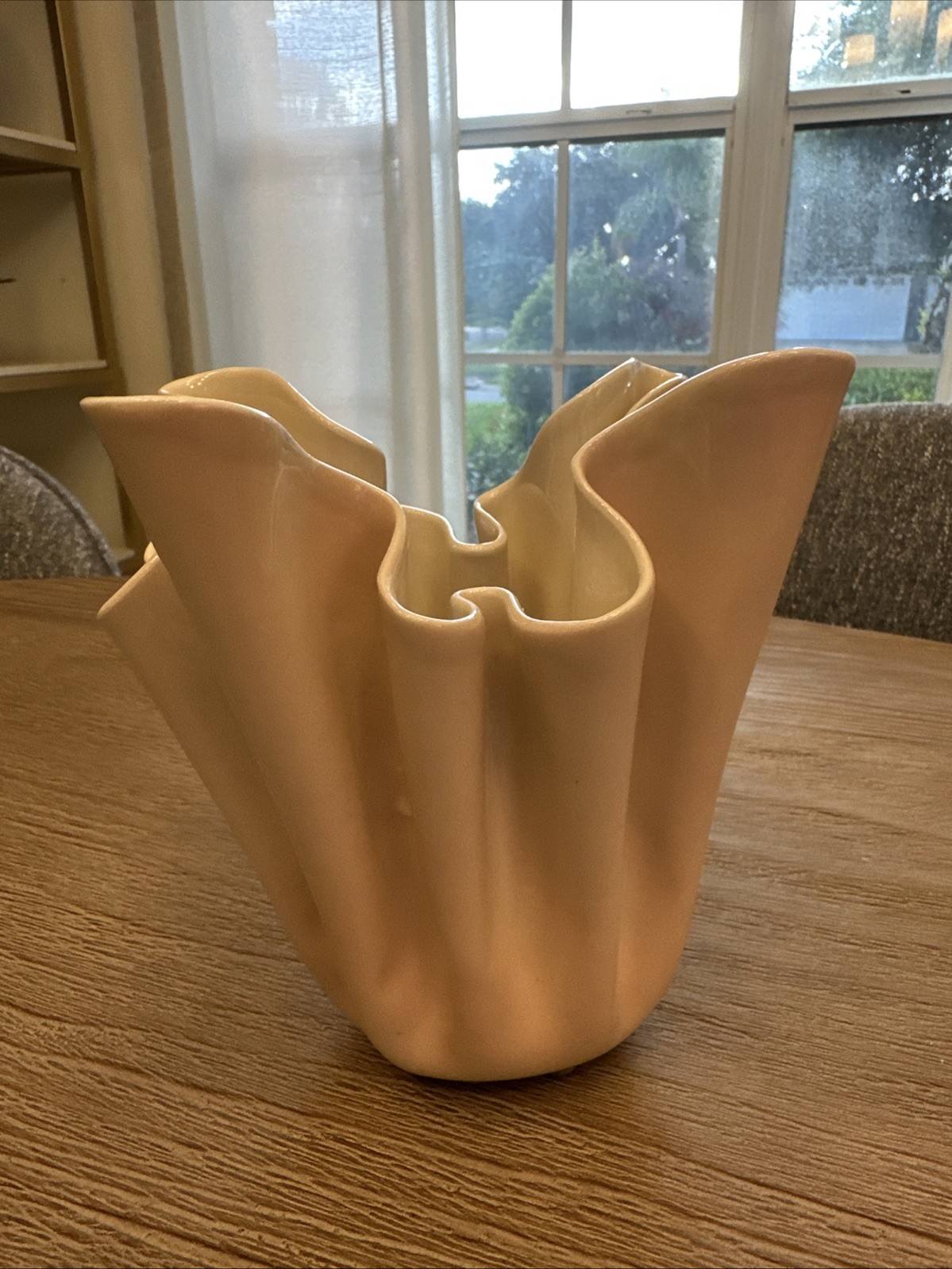 1980s Art Pottery 6 Inch Pink & Ivory Handkerchief Vase Signed Carol Barclay