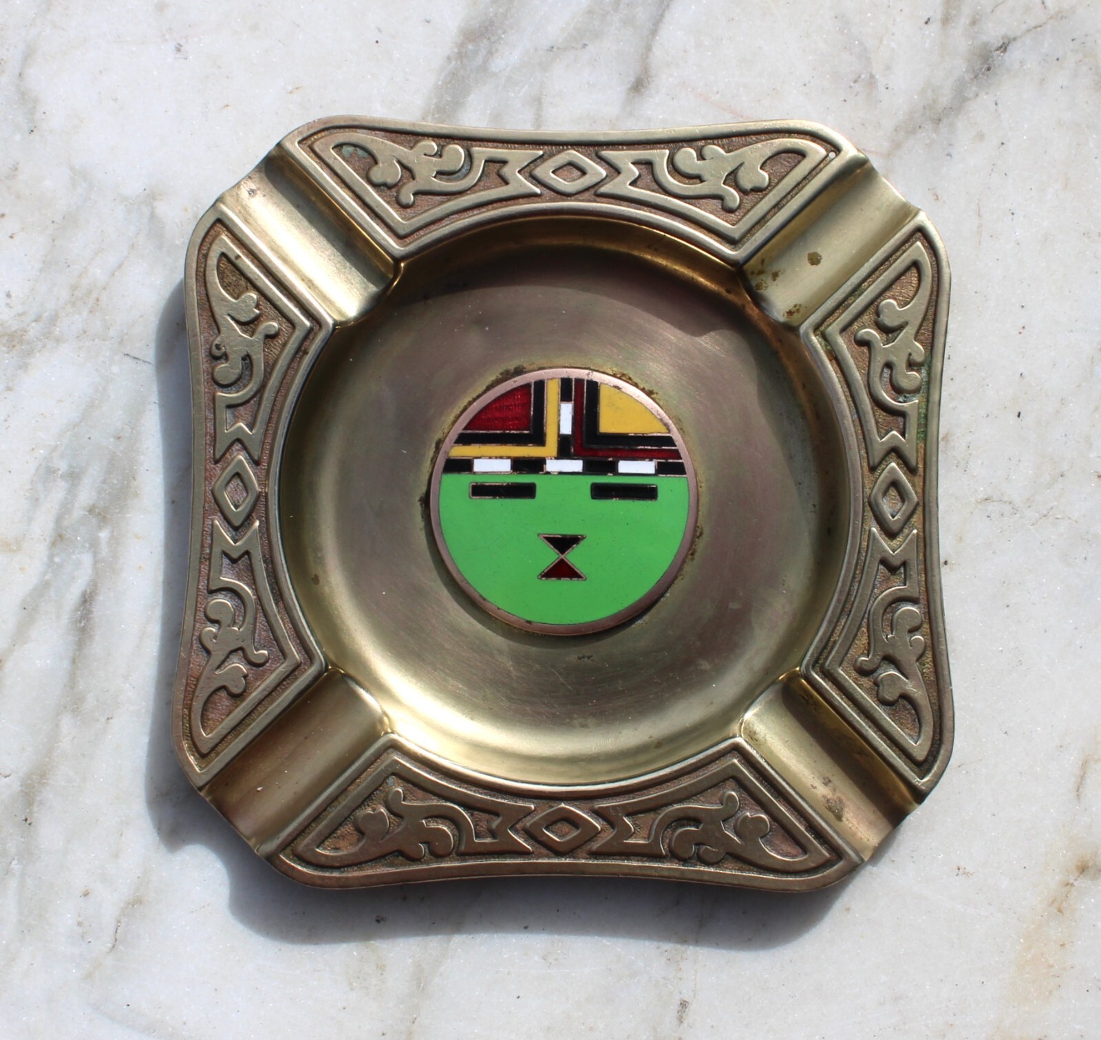 Rare Antique Vintage Art Nouveau-Arts & Crafts Enamel Brass Ashtray