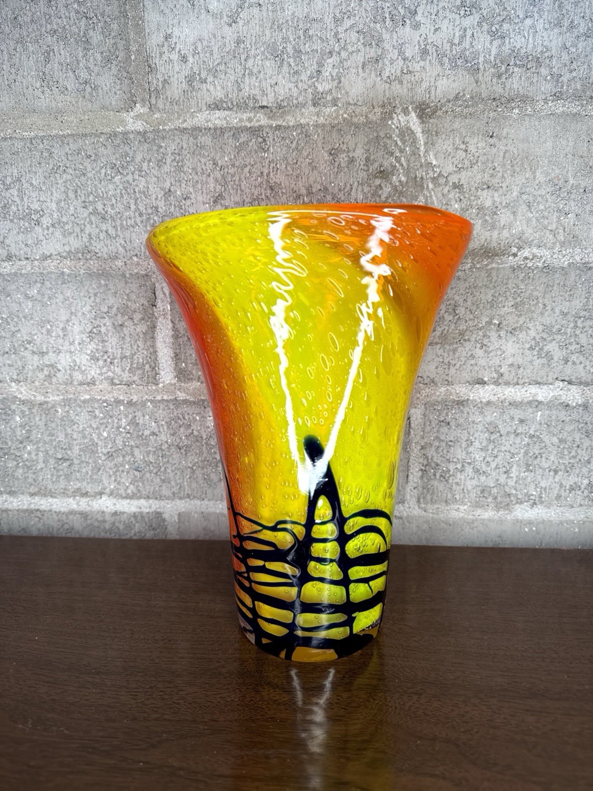 Hand Blown Art Glass Vase Red Yellow Sunset Bullicante Studio Glass 9”