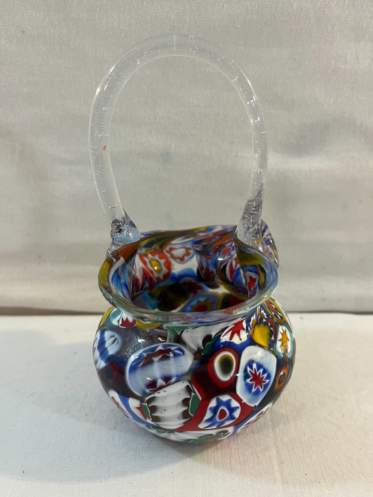 Murano Hand Blown Art Glass Millefiori Bowl Basket with Handle
