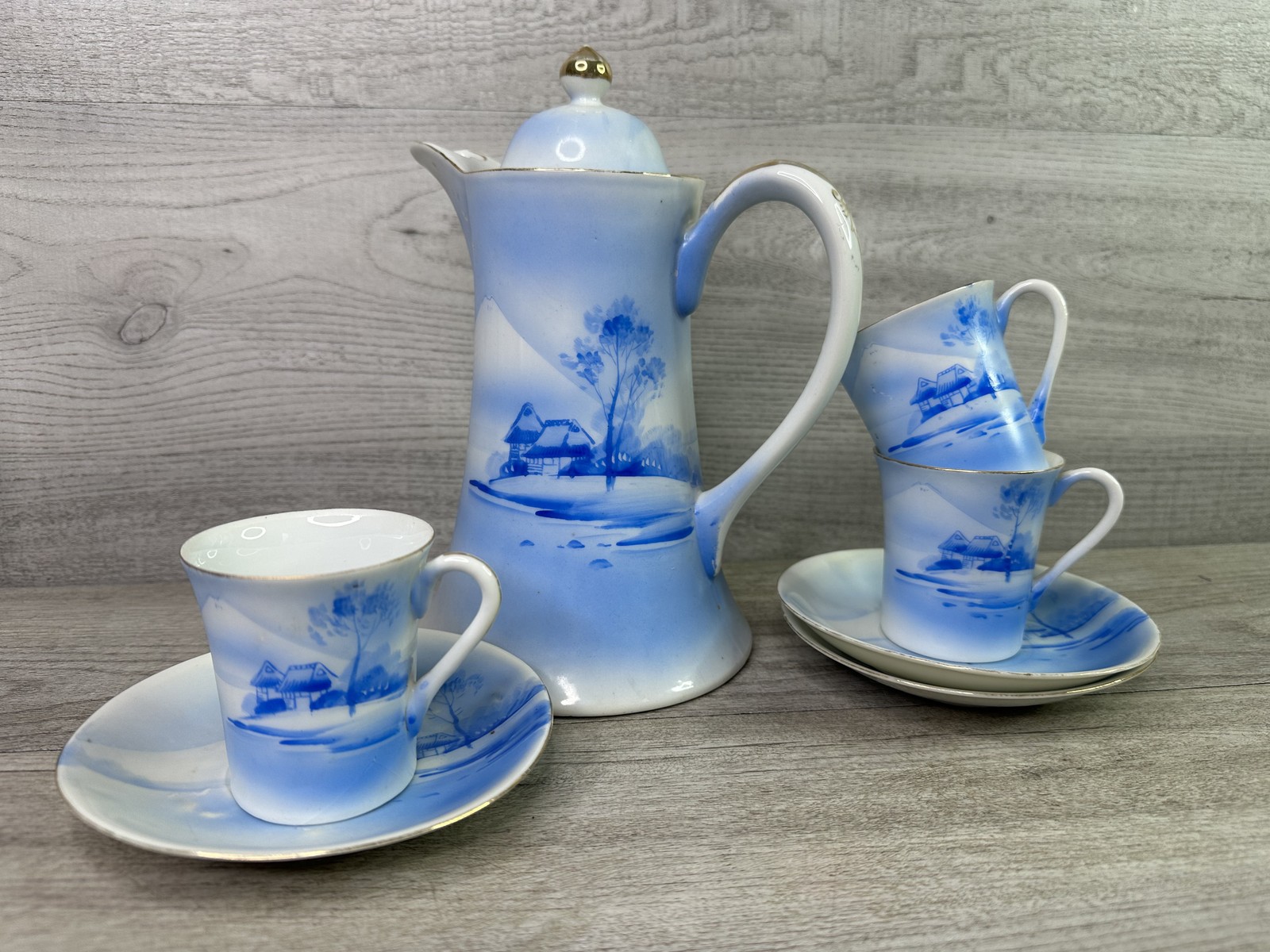 Vtg S&K Japan Blue White Gold Trim Scenic Lidded Chocolate Pot w/ 3 Cups Saucers