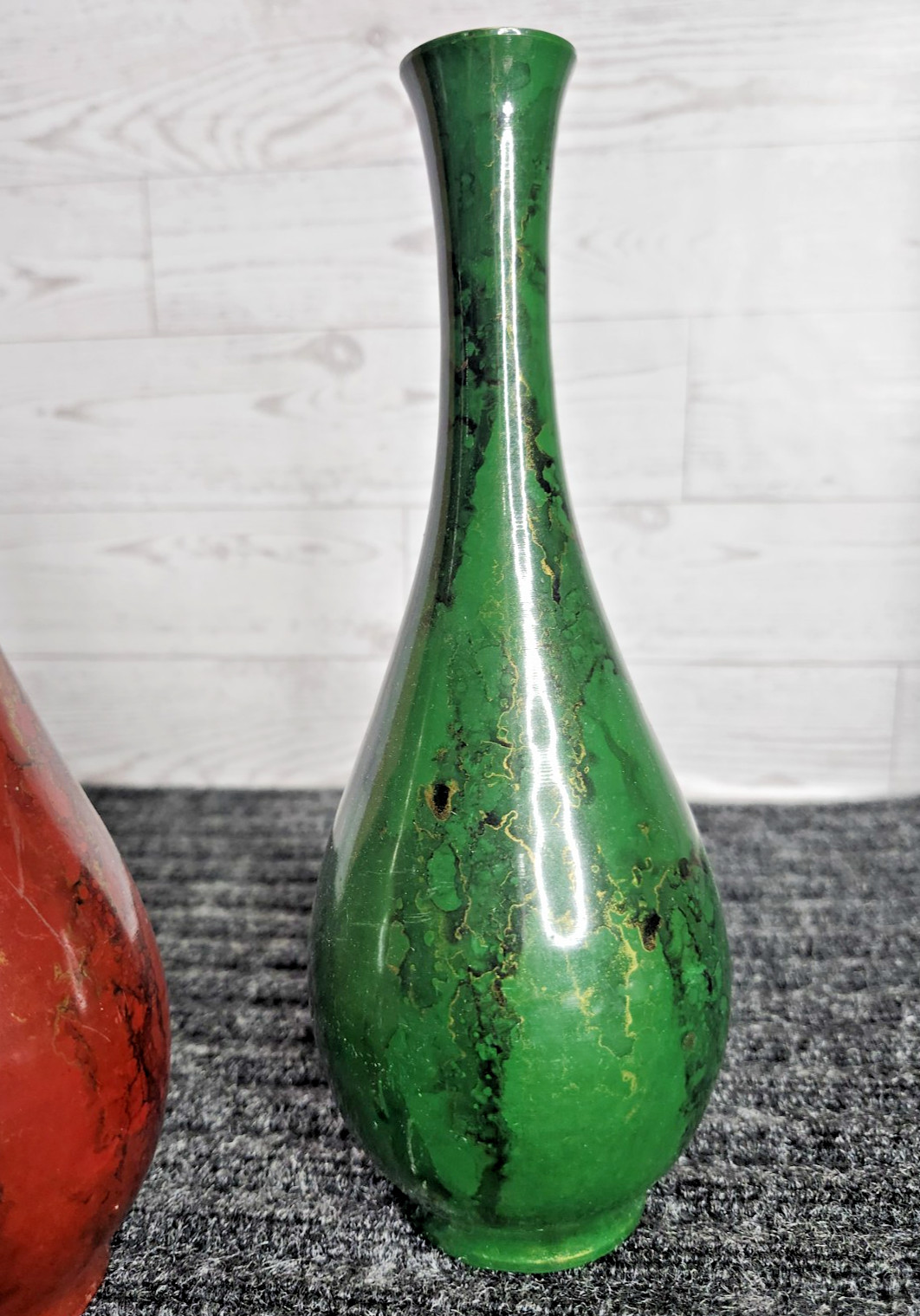 Vintage MCM Japanese Enamel Bud Vases Pair Red Green Gold Brass Cloisonne Style