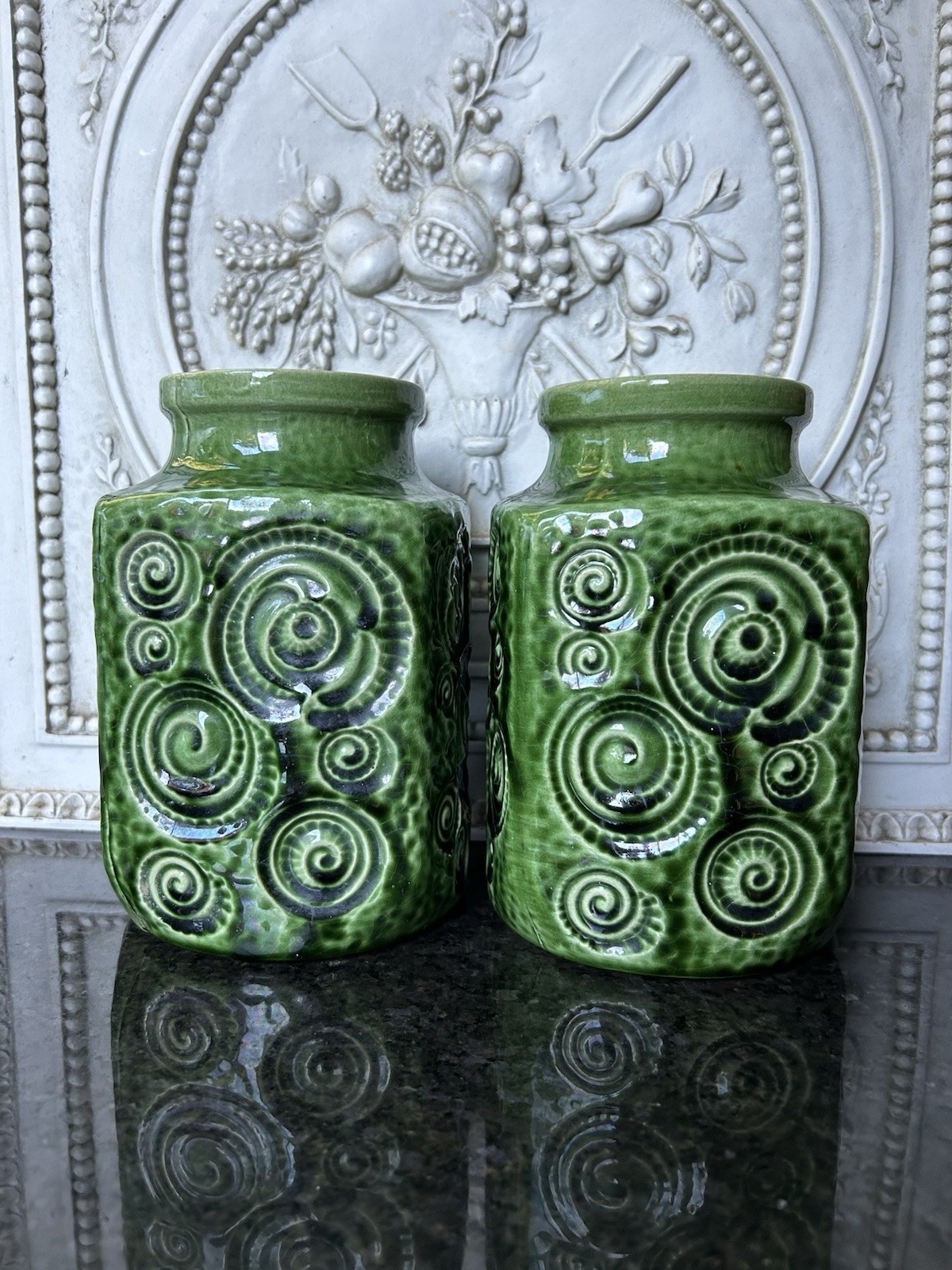 Vtg Scheurich Jura Vase Set 2 Green W Germany Art Pottery 1970’s Excellent