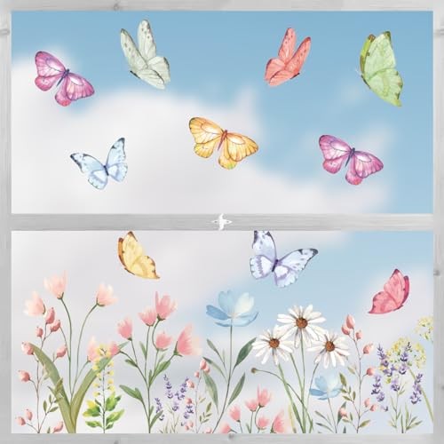 50 PCS Spring Summer Window Cling Sticker, Watercolor Wild Flowers Butterfly