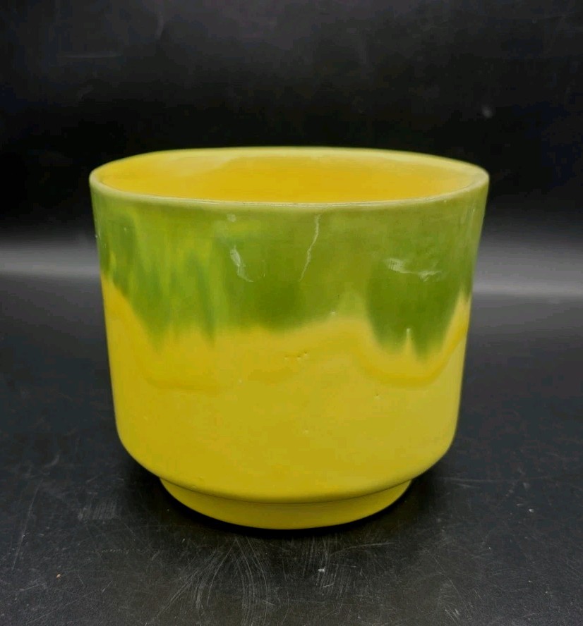 MCM Caleramics Bright Yellow & Green Drip Glaze Ceramic Round Planter 4¾x5½”