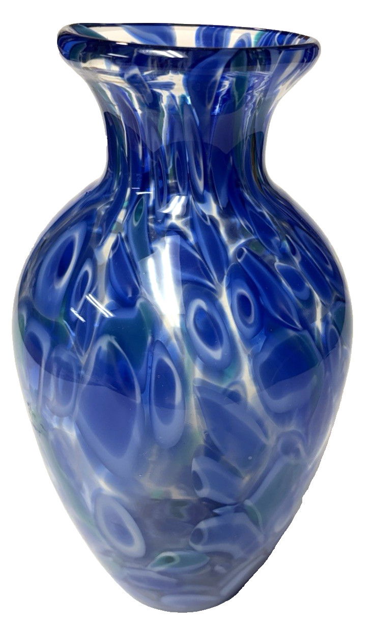 Studio Art Glass Vase Hand Blown Blue White Clear Abstract Stretch Design 10×5″