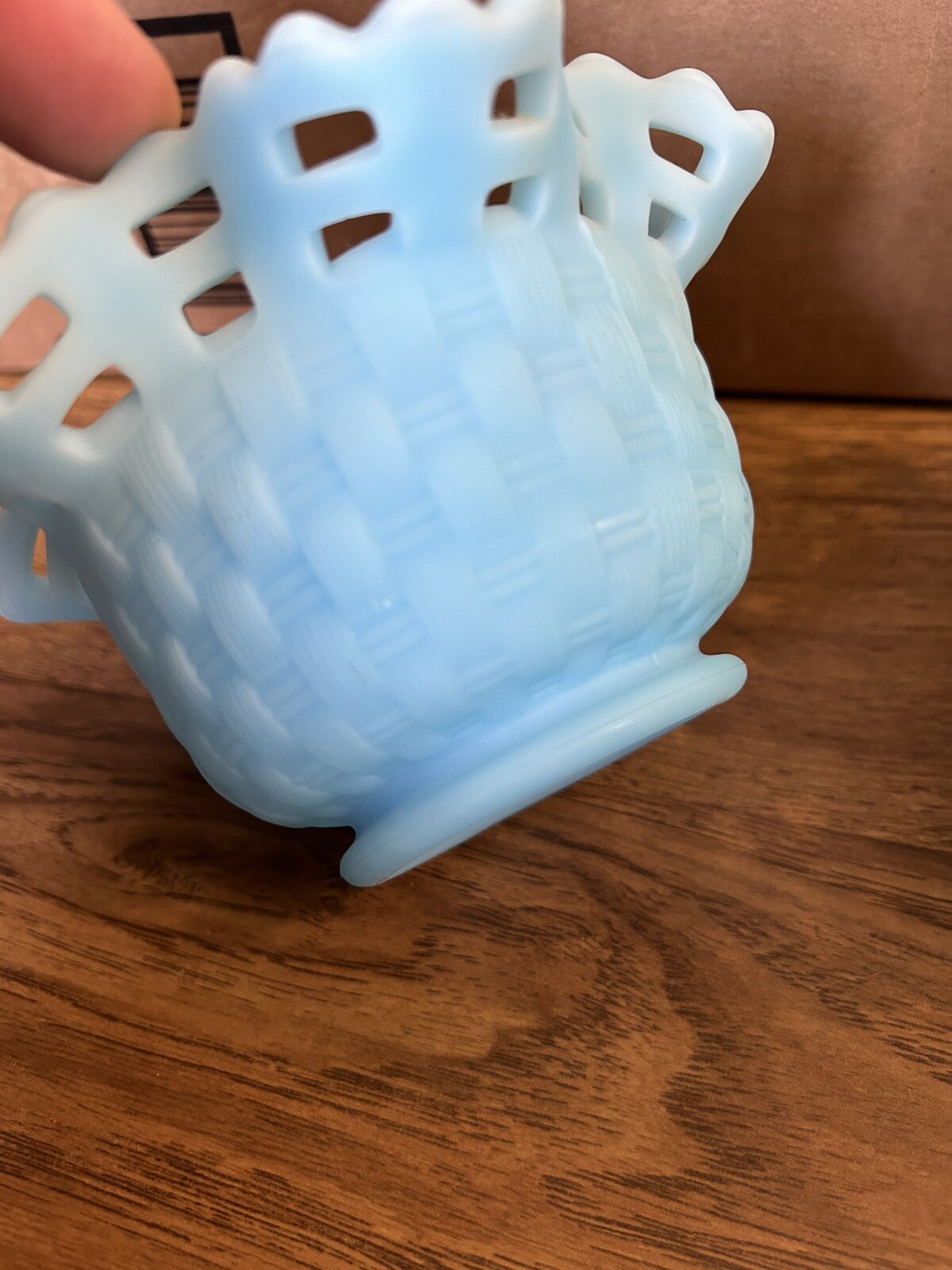 Vtg Match Pair Fenton Blue Satin Glass Basket Weave Ruffled Rose 3” Bowl Vase DP