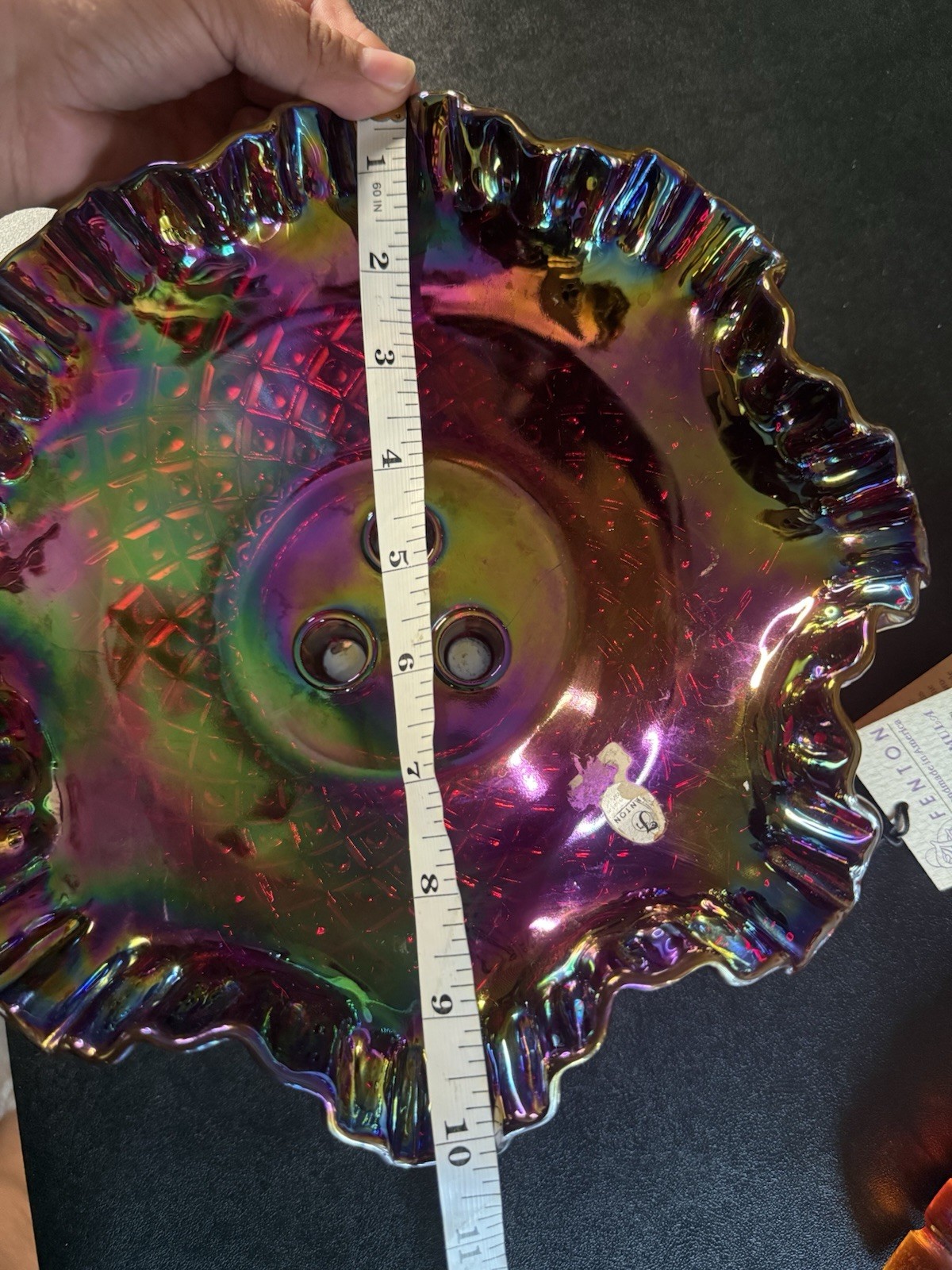 Fenton Art Glass Red Carnival Iridescent Diamond Lace 3 Horn Epergne Collectible