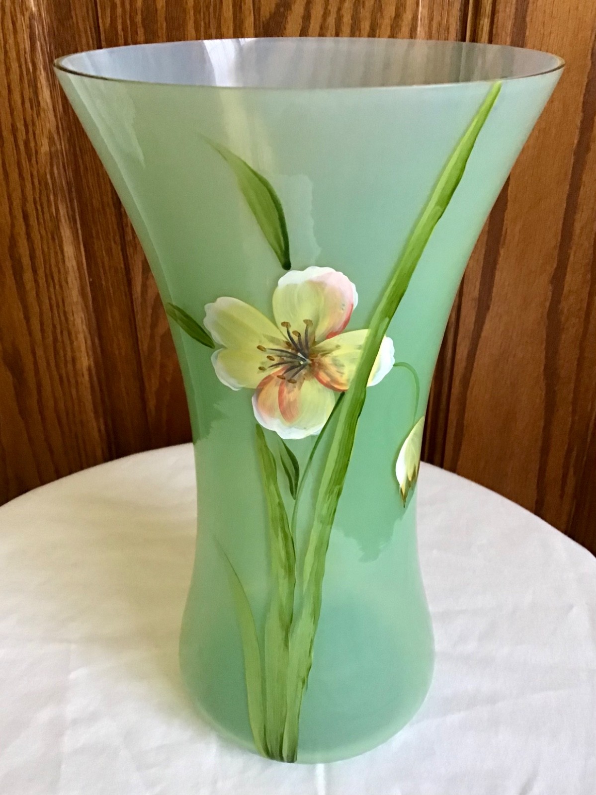 FENTON FLORAL DESIGN ON JADE GREEN OPALESCENT GLASS LIMITED EDITION VASE