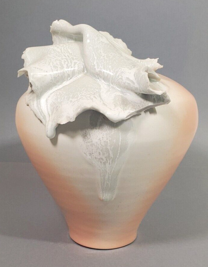 Studio Art Pottery Contemporary Vase Peach Ombre Glaze White Abstract Signed