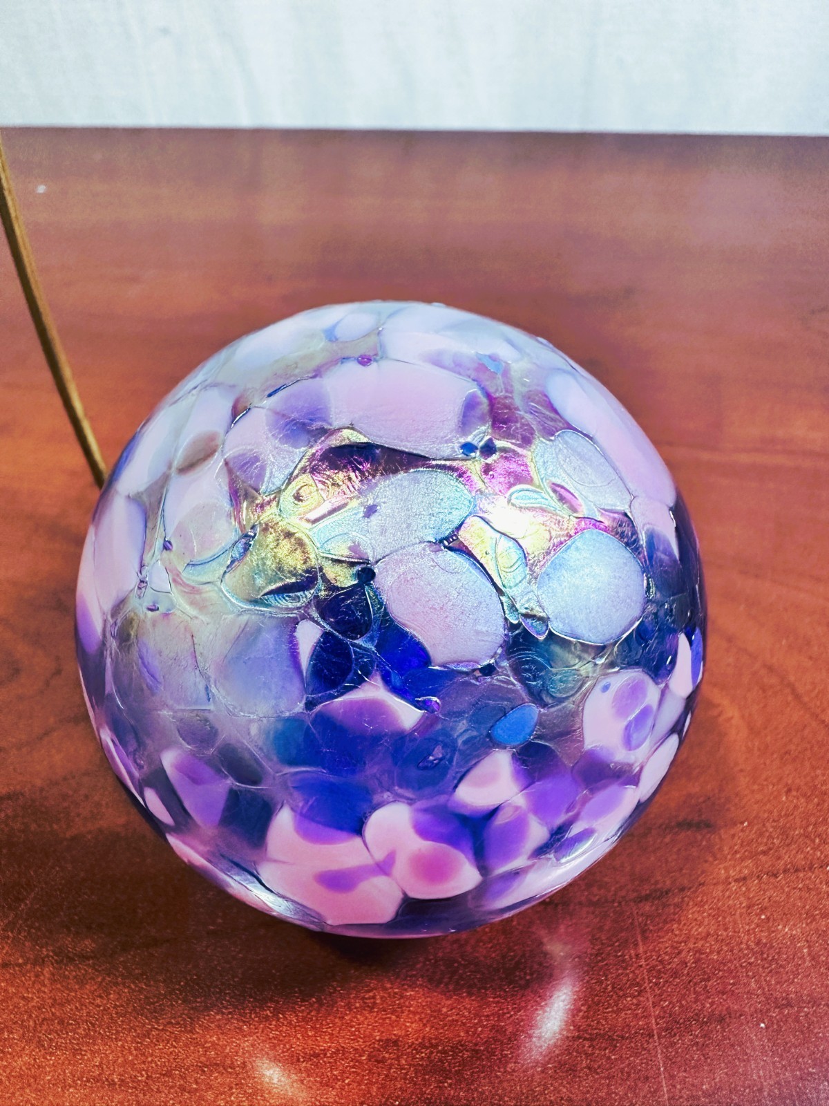 Hand Blown Art Glass Witch Ball Ornament Iridescent Pink Purple Lustered Orb