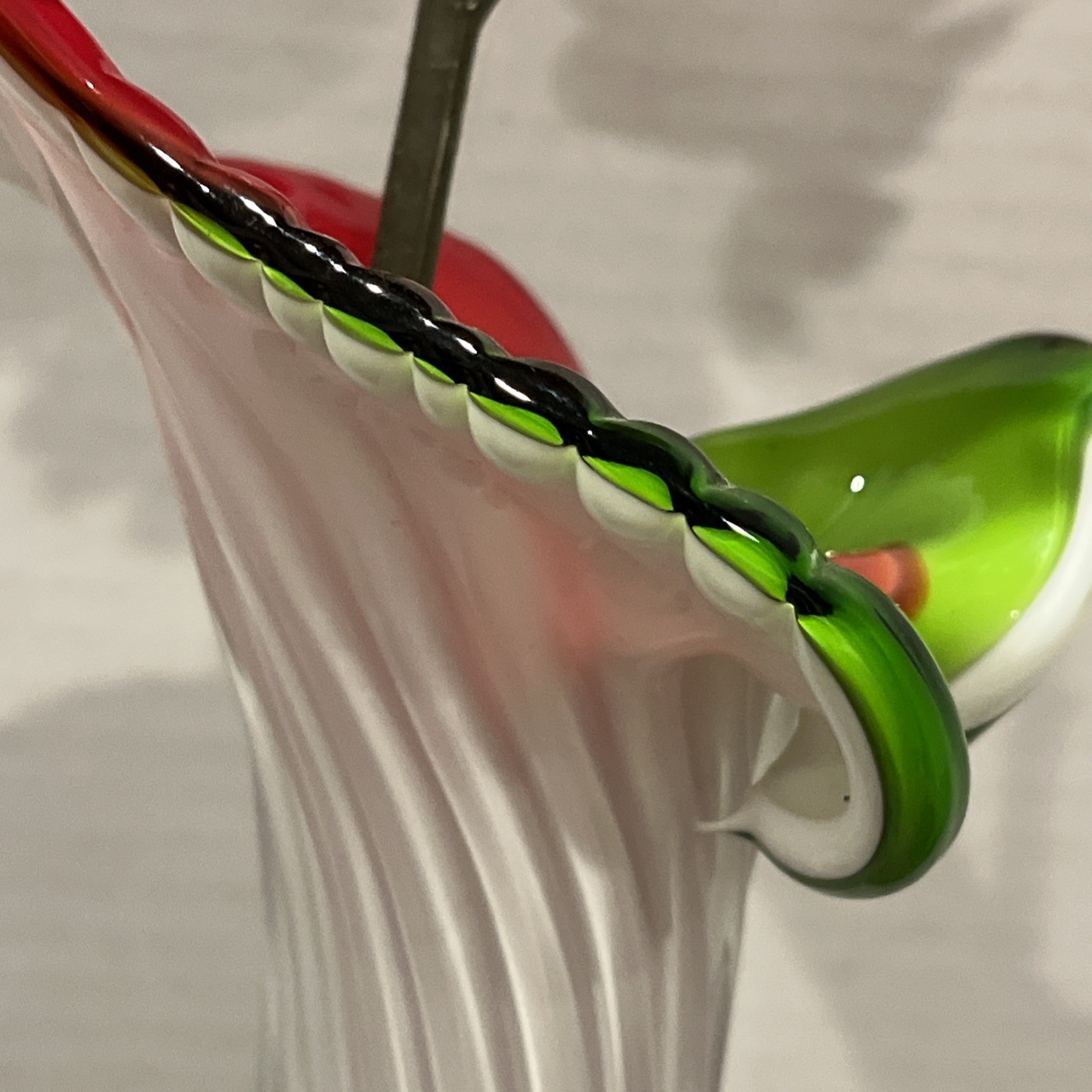 15in Tulip Bud Vase Handblown Art Glass Red White Green Clear Flower