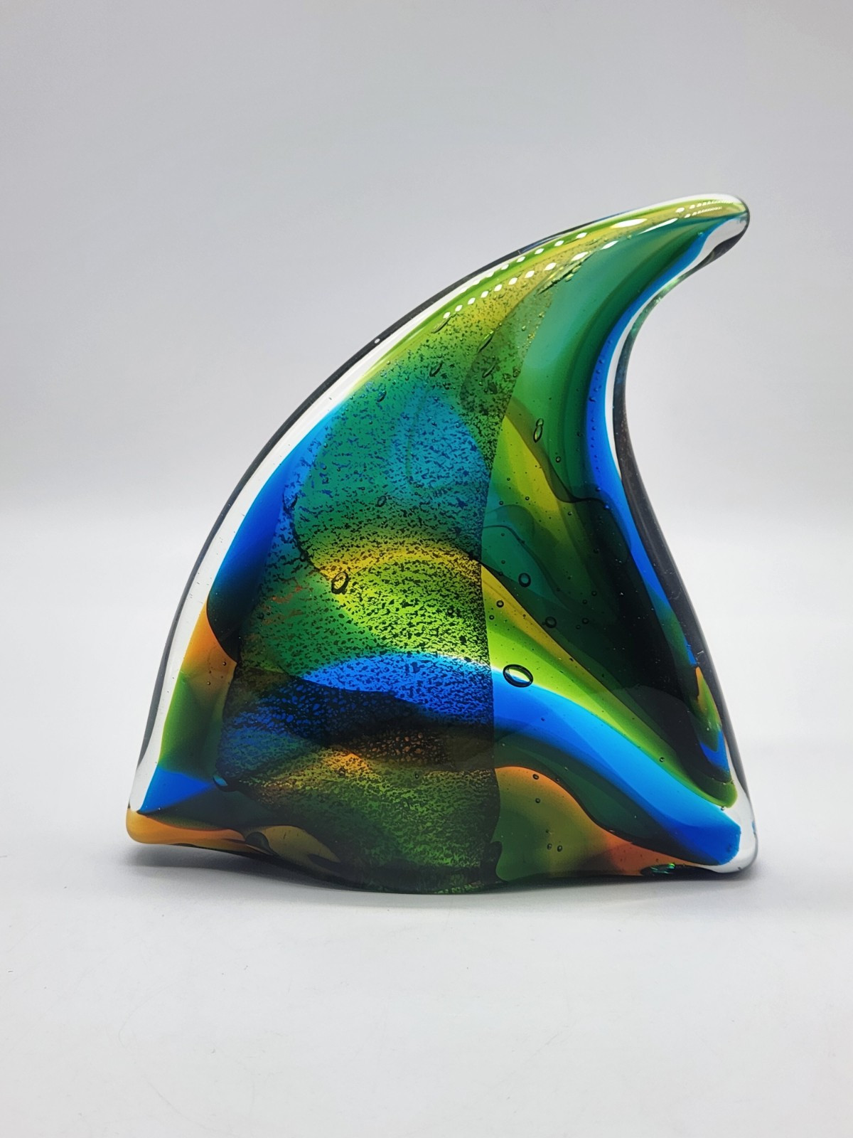 Art Glass Paperweight Fish Fin Blue, Green, Yellow 5.25″ x 5″