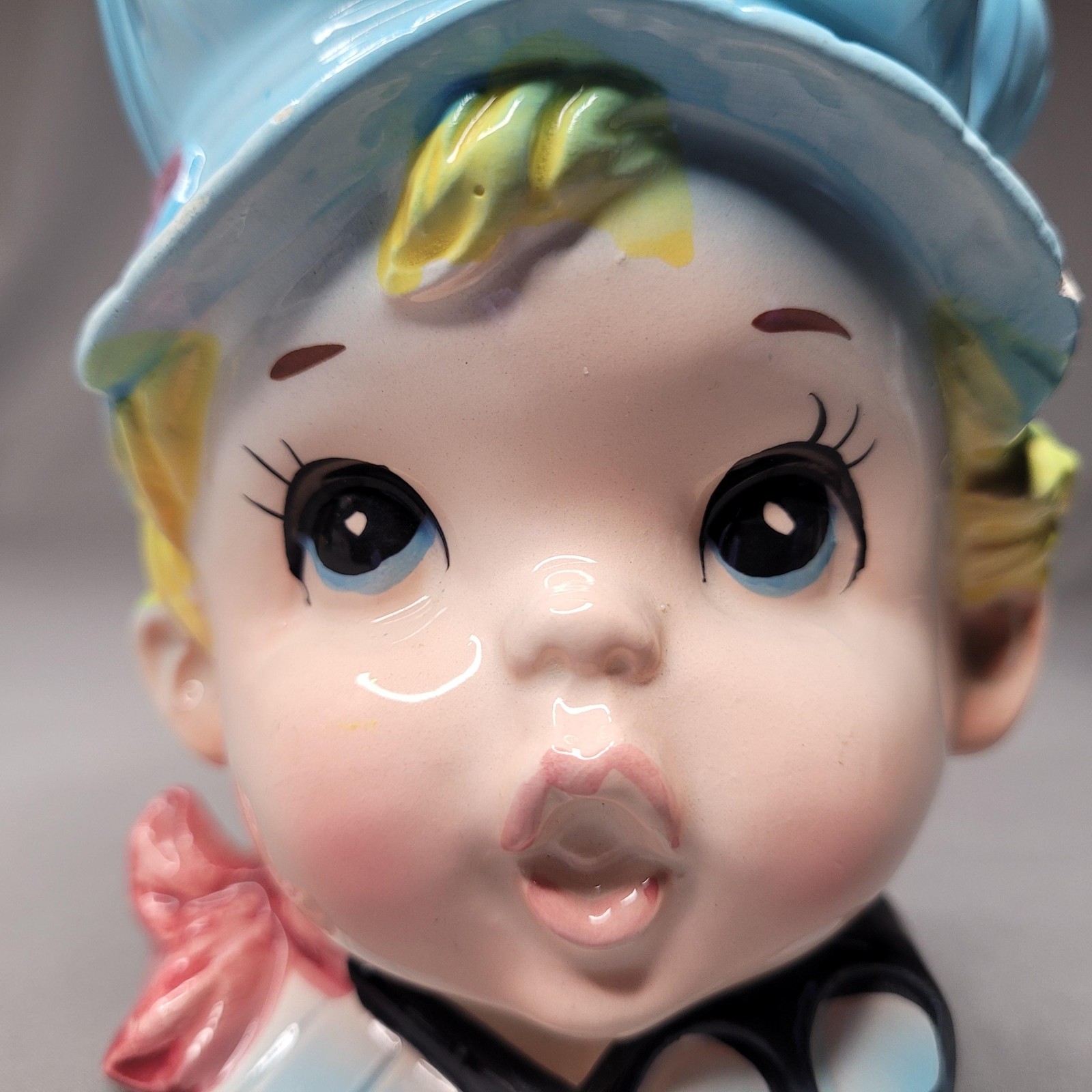 Vintage E.O. Brody Boy Head Vase Planter Blue Hat Train Engineer Japan Ceramic