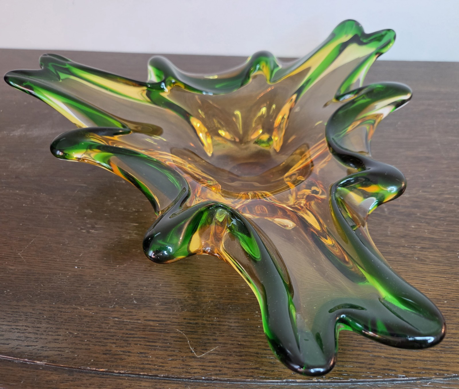 Vintage Murano Finger Platter Centerpiece Green Amber Swung Glass -15″D