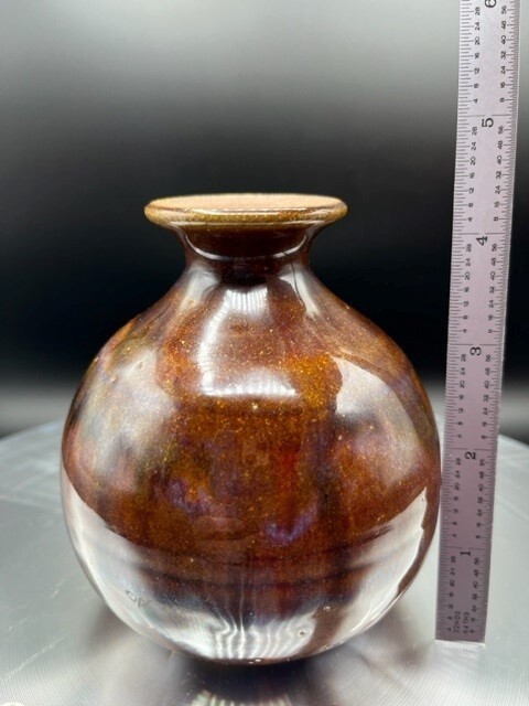 Studio Art Pottery Brown with Purple Drip Glaze Vase 4.5″ Tall Artist Signed