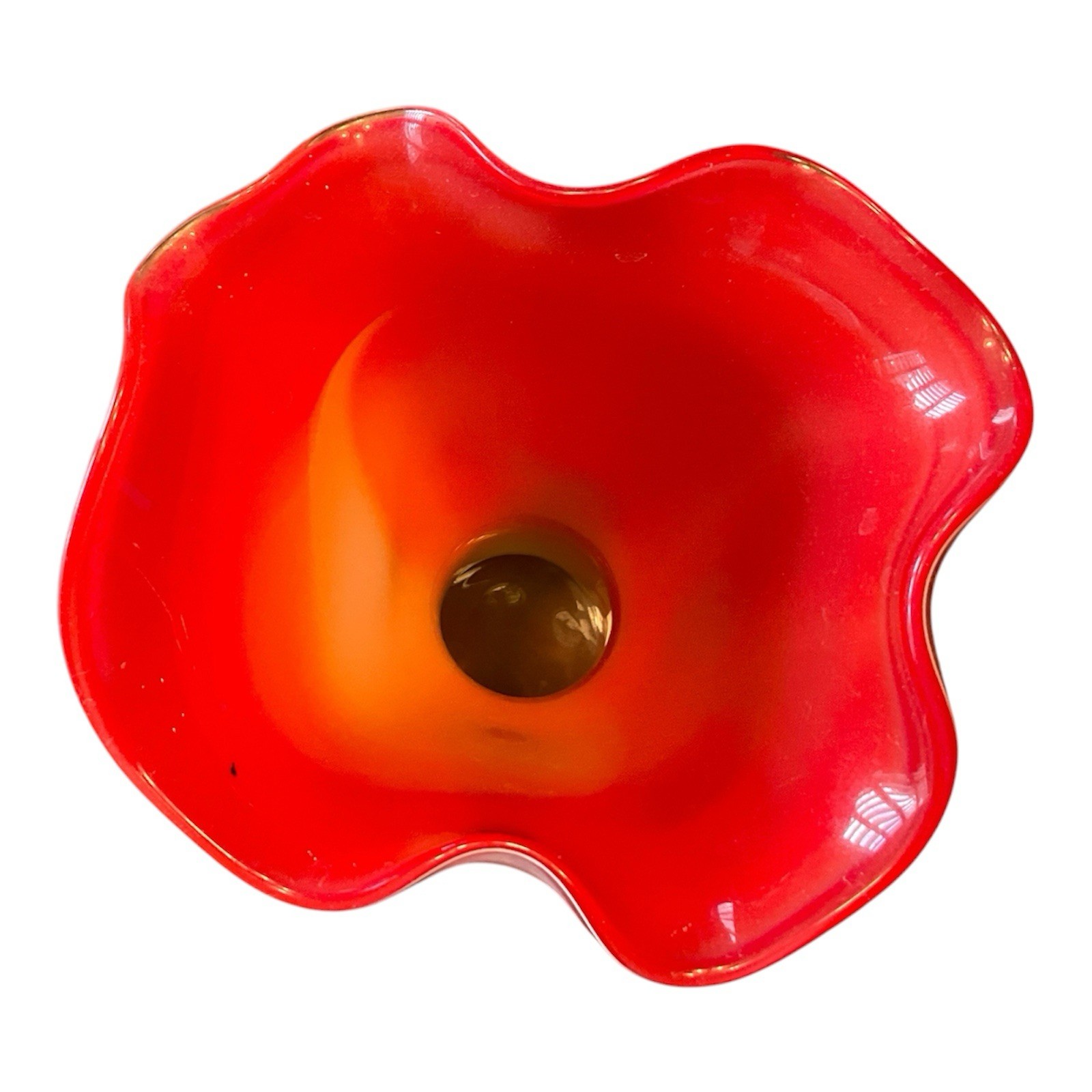Hand Blown Art Glass Trumpet Vase 11.75” Ruffled Rim Red Green Ombre MuranoStyle