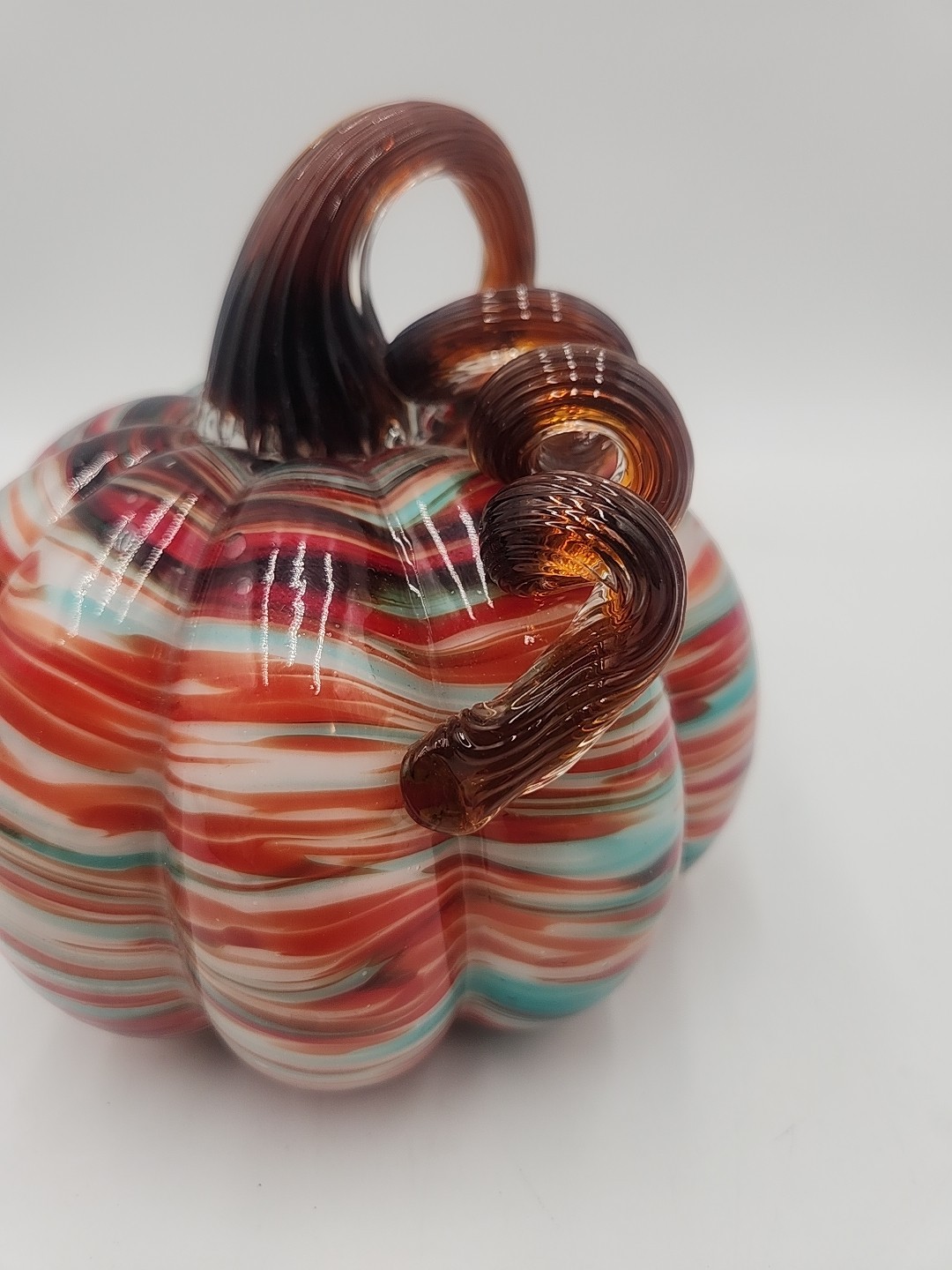 Hand Blown Studio Crafted Orange & Aqua Striped Amber Glass Pumpkin 5.5″