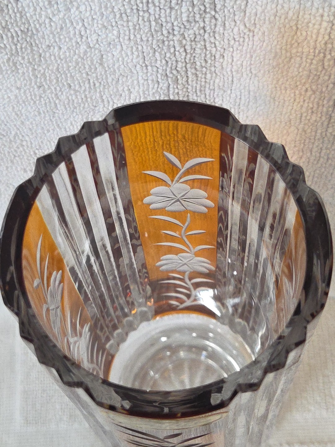 1960’s Huta Szkła Julia Yellow Amber Cut to Clear Crystal Vase Made in Poland