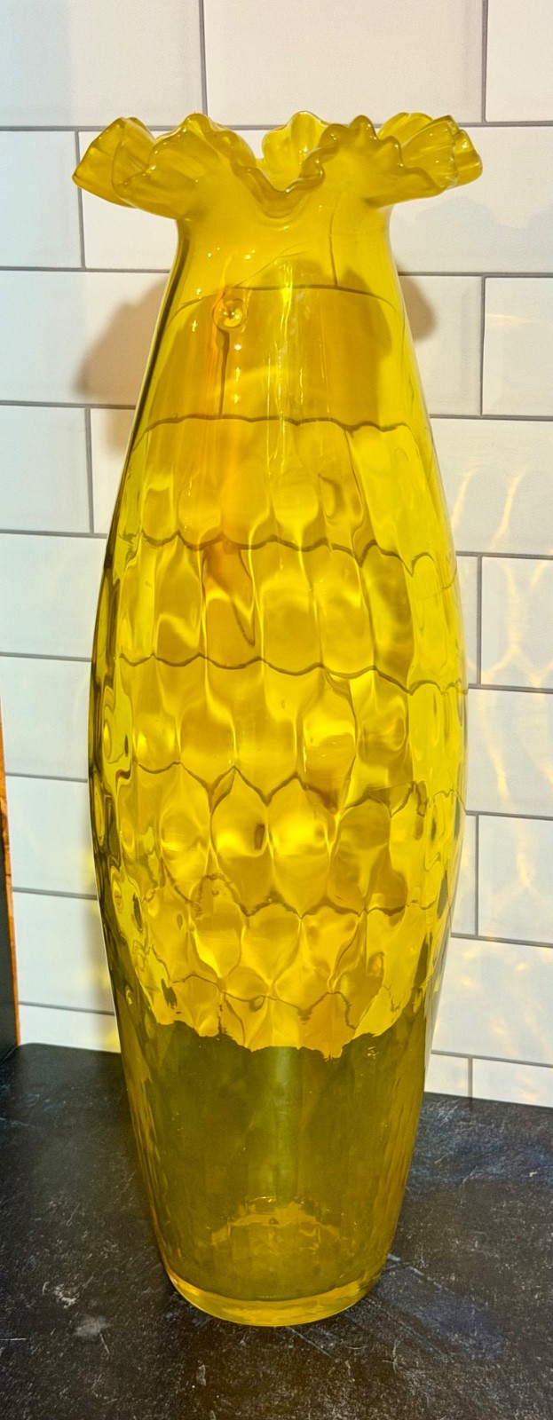 VGC Vintage Empoli Yellow Blown Glass Vase with a Ruffled Rim