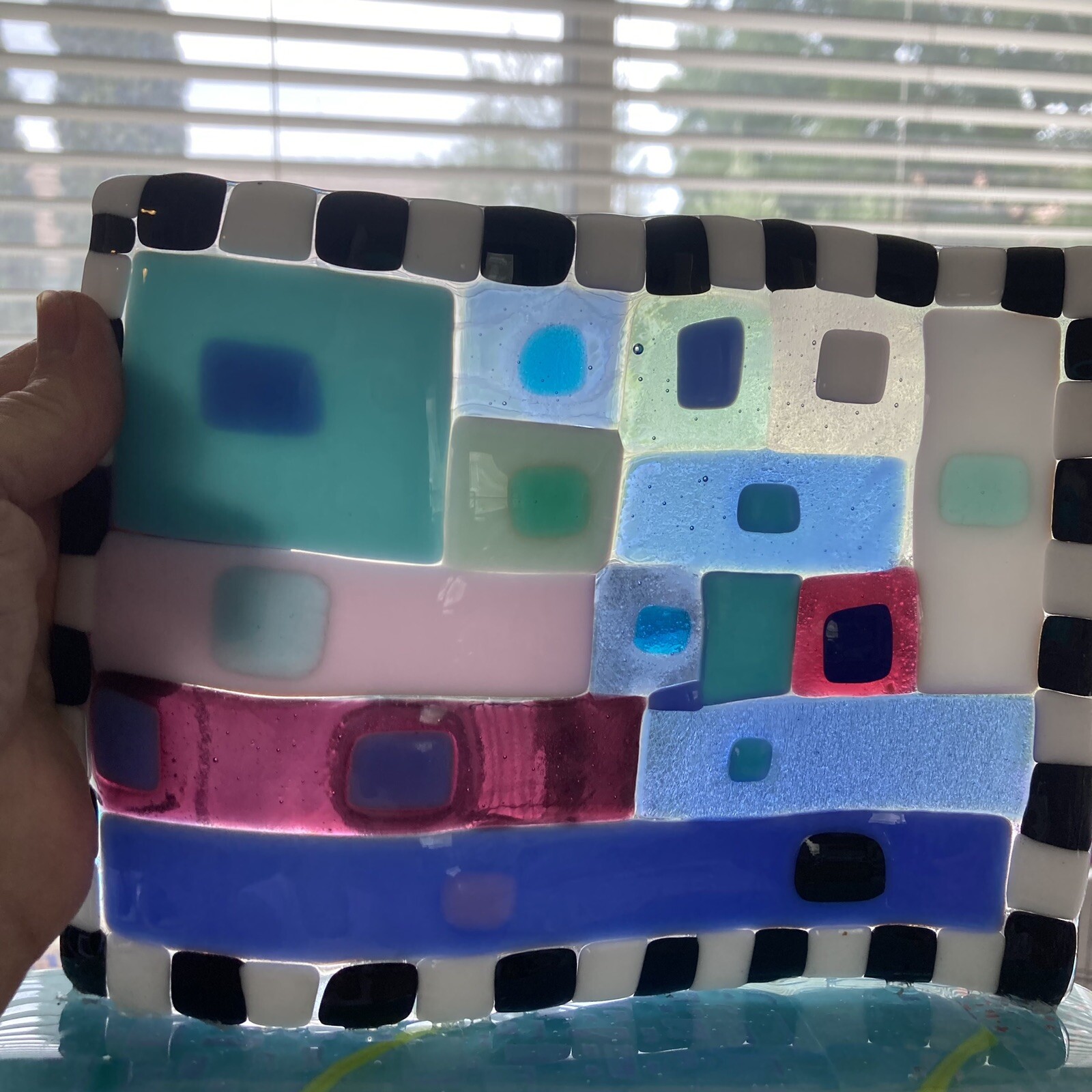 Mermaids Door”Wave Fused Art Glass Handmade 8”x6” Free Standing OnBase Original
