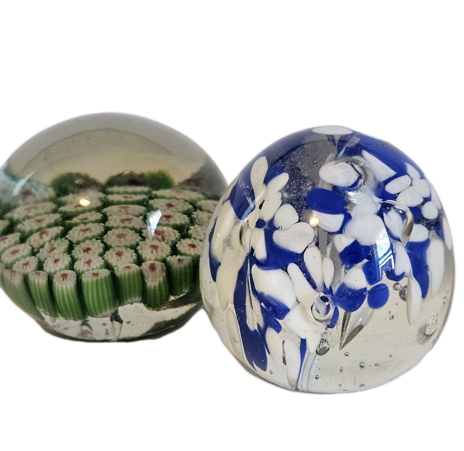 2 VTG Art Glass Paperweights – Blue & White Flower – Millefiori Silvestri Green