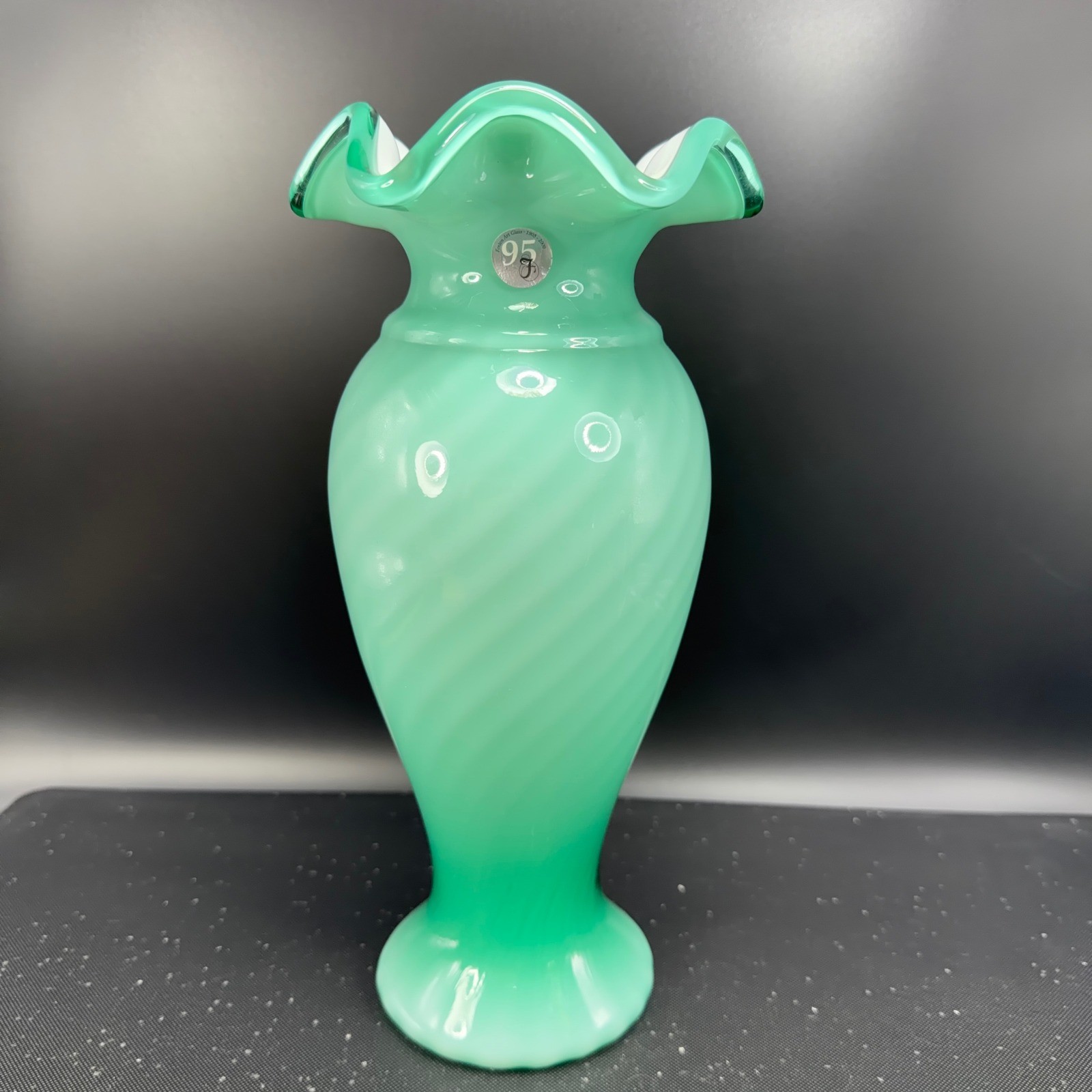 Fenton Seafoam Green Opalescent Swirl Ruffled Vase 95th Anniversary 10.5inch