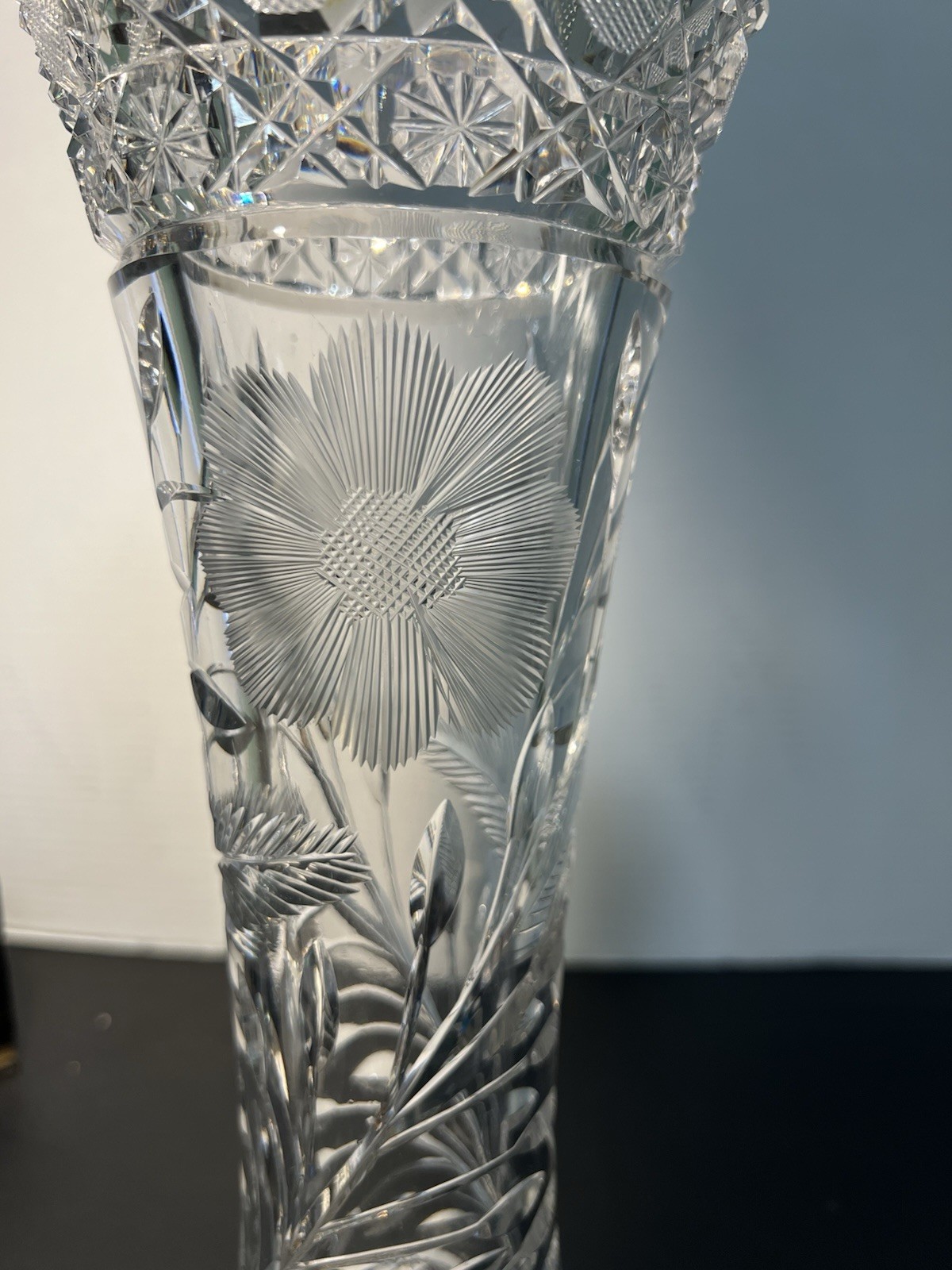 American Brilliant Period 1900s Cut Glass Corset Vase Floral Engraving, 6.5×16”