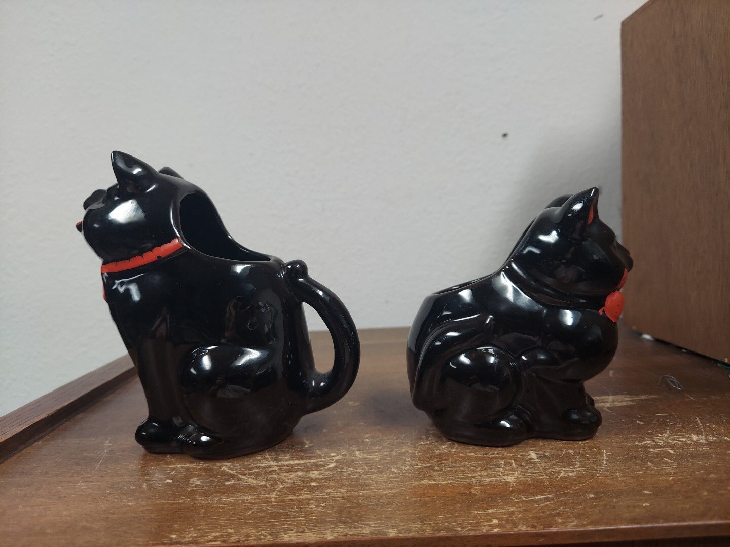 Shafford Redware Black Cat Creamer (5.5″ T) & Sugar (4.5″ T) Vtg 50-60s MCM VGUC