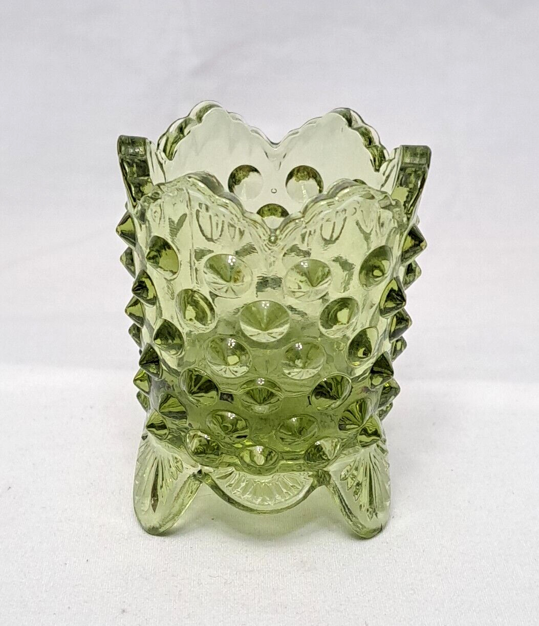 Vintage Fenton Colonial Green Hobnail Side Spikes 3 Footed Toothpick Holder Nice