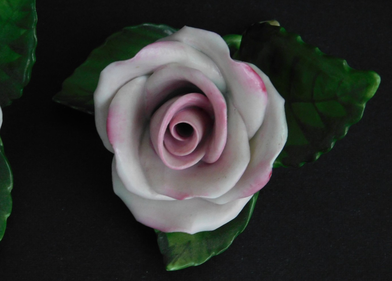 VINTAGE HEREND (1960-1970s): Pair Hand Painted Pink Porcelain Roses & 3 Leaves
