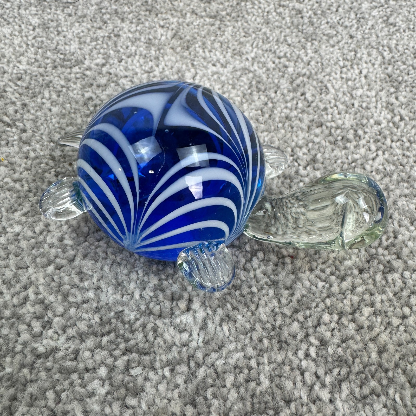 Hand Blown Art Glass Smiling Sea Turtle Paperweight Clear Swirling Blue & White