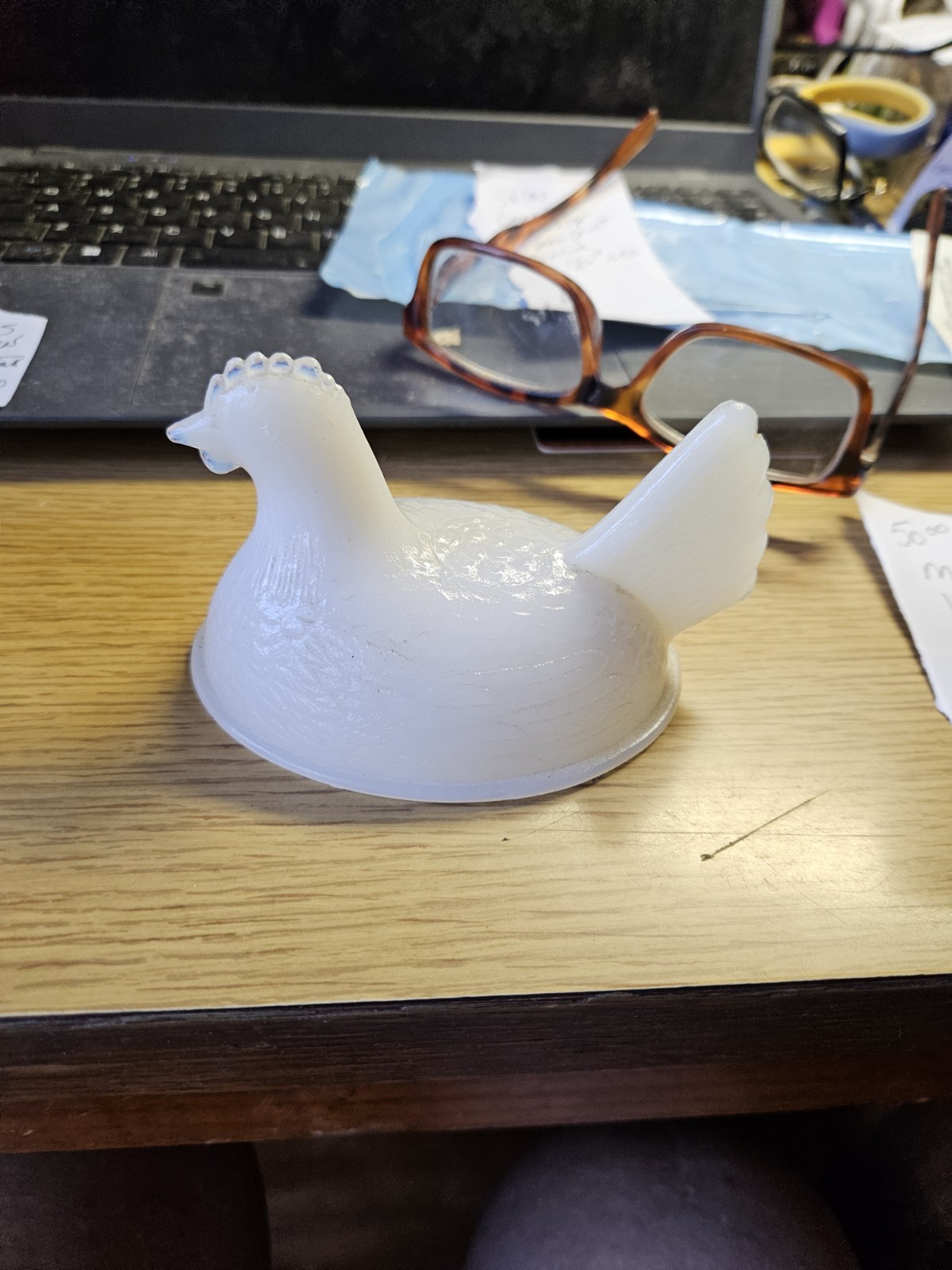 4.5 Translucent Milk Glass Hen On A Nest Ring Of Fire Perfect Condition.