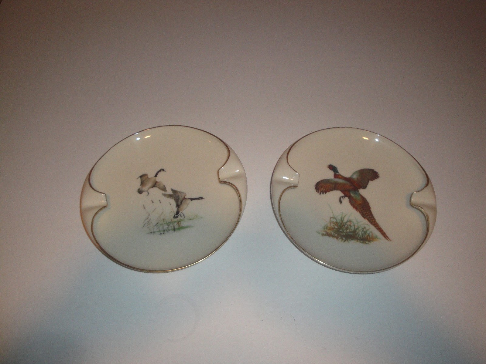 2 Vintage Lenox Pheasant And Geese Ashtrays 24k Gilded Rim NICE!