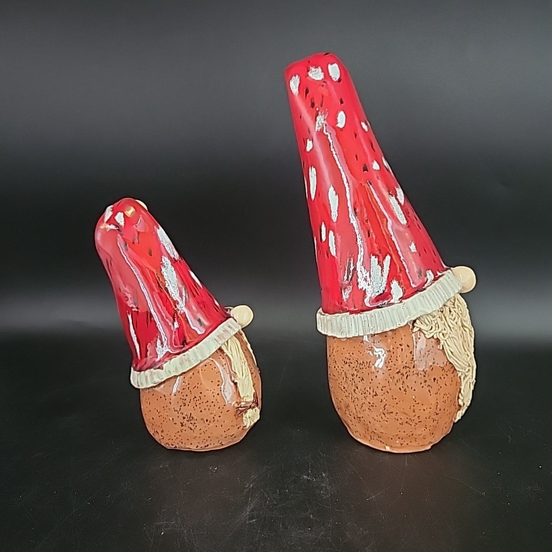 Whimsical Studio Art Pottery Clay Sculpture Gnomes Christmas Pair Signed