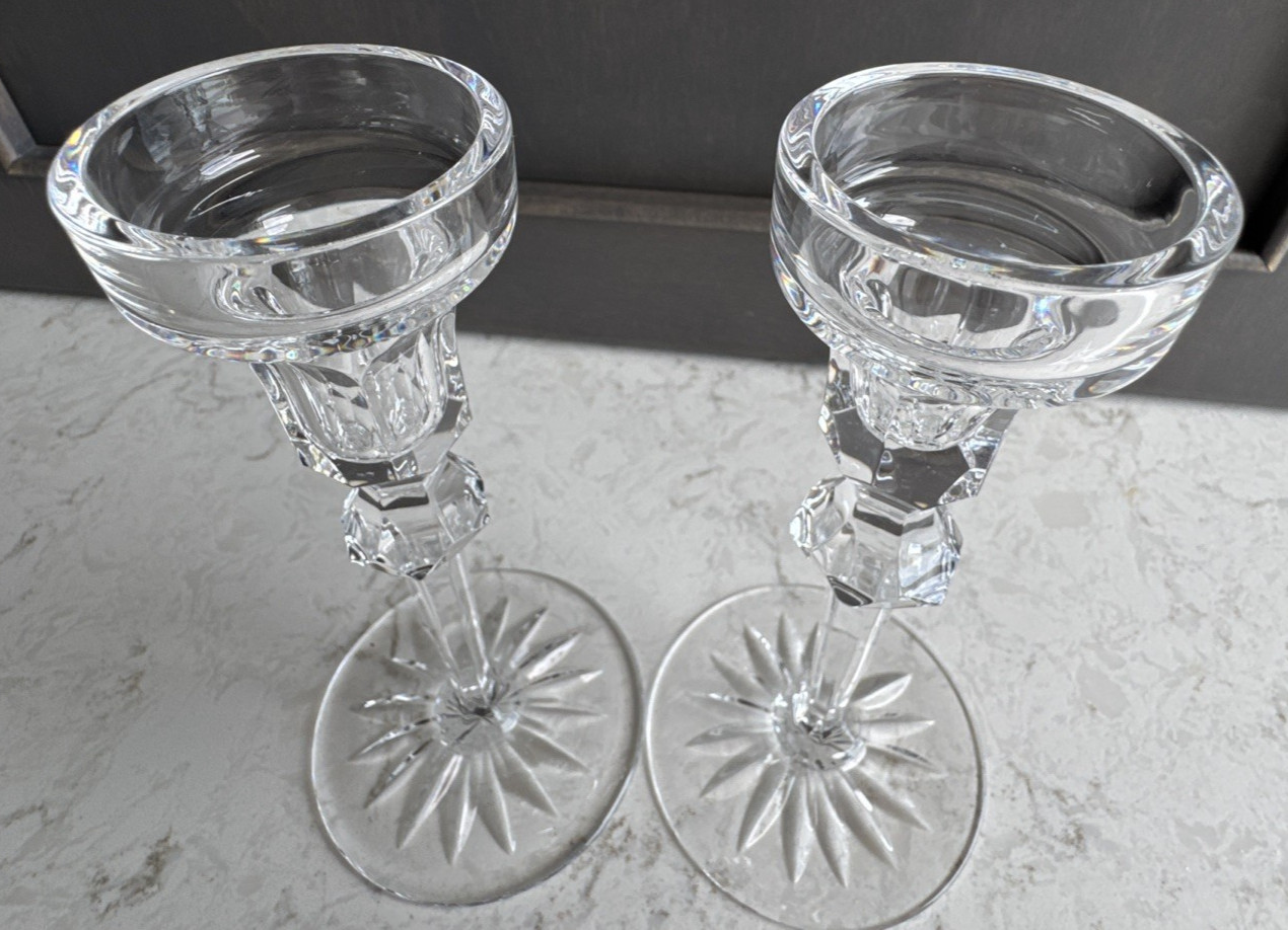 ROGASKA Richmond Crystal Candlesticks-6 inch PAIR-Notched Multisided stem-Signed