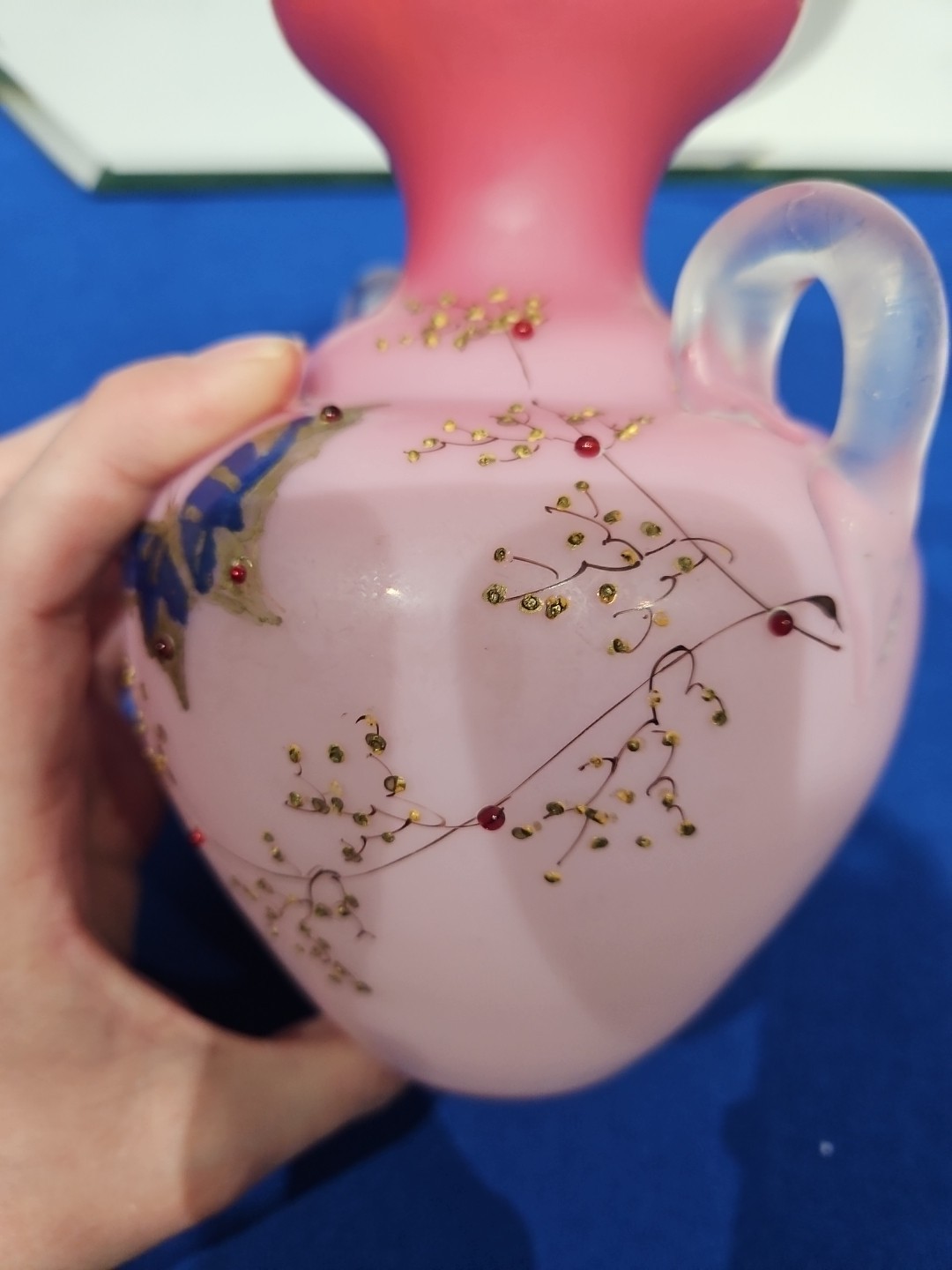 Art Glass Vase w/ handles Cased Pink white Peach Blow butterfly enamel victorian