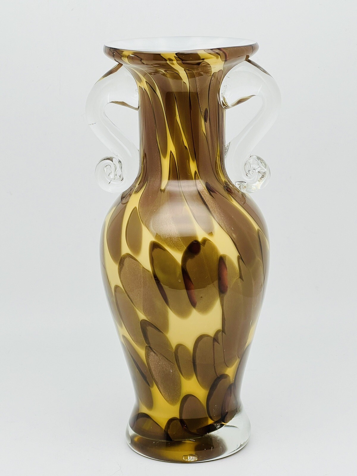 Burton+Burton Hand Blown Splatter Glass Vase Applied Clear Handles Copper Accent