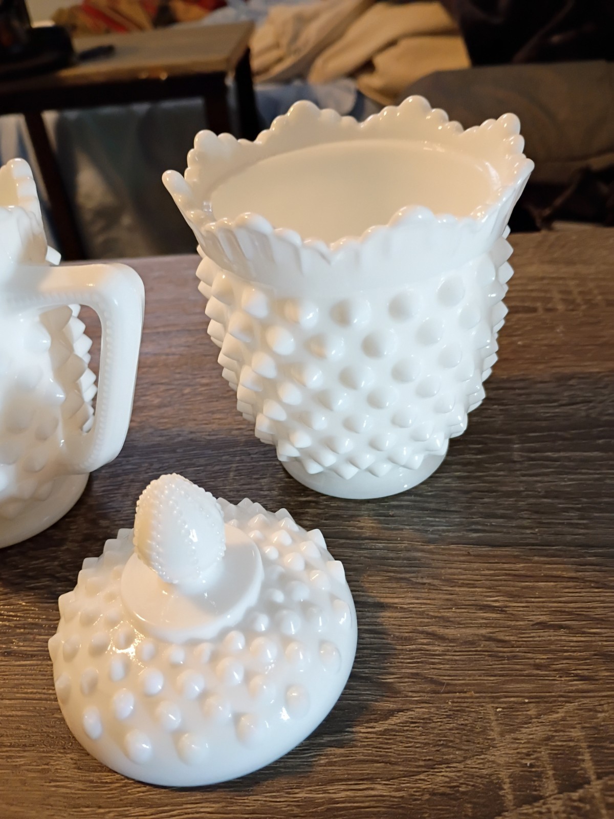 Antique FENTON Hobnail Milkglass Lot 2 With 1 Lid