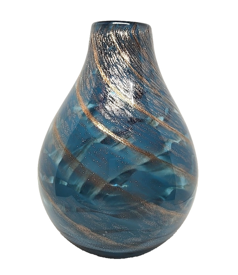 Lenox Art Glass Blue Seaview Bottle Vase Gold Glitter Flecks Swirl Large 11 inch
