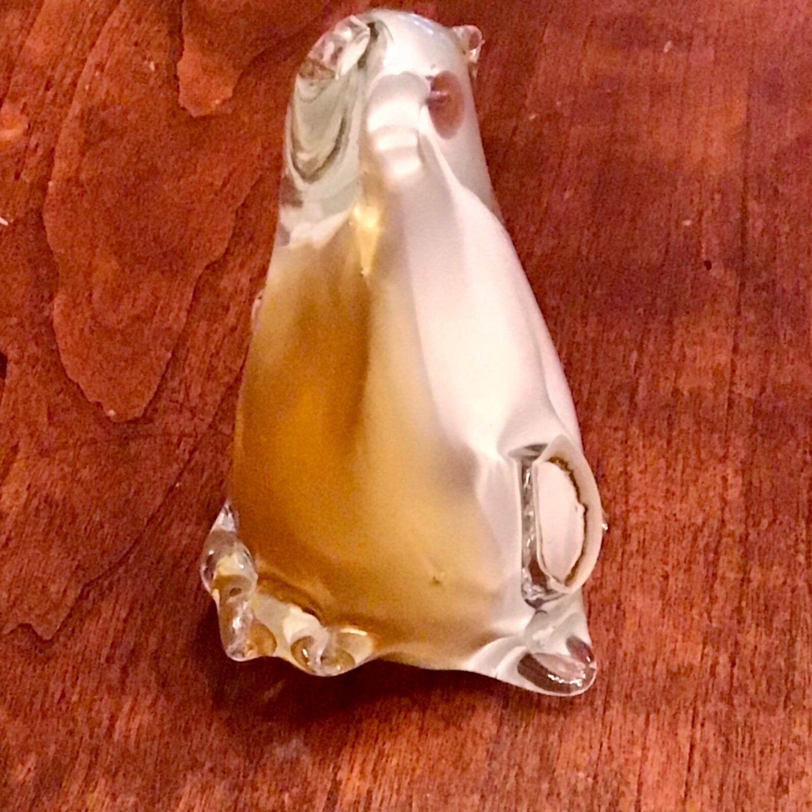 Murano Style Art Glass PENGUIN Figurine Paperweight Cased Clear White & Amber
