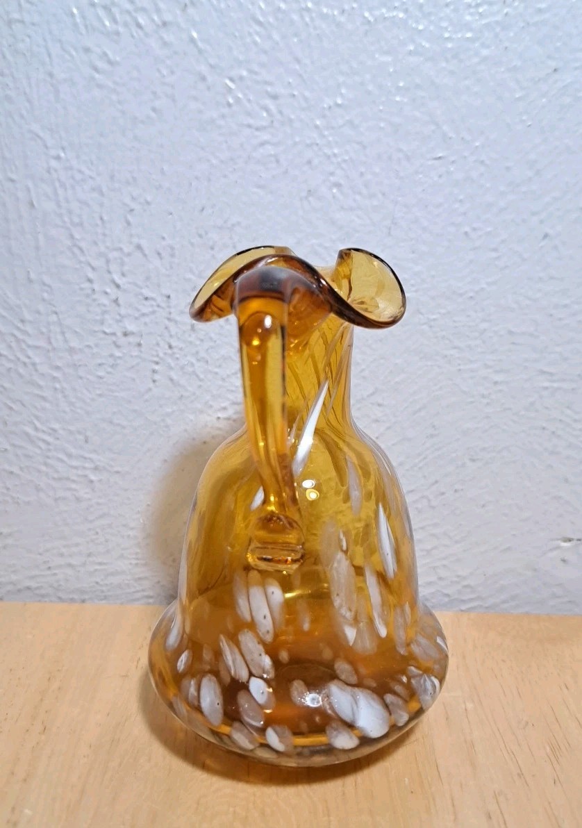 Vintage Amber/ White Spots Art Glass Cruet/ Pitcher Hand Blown 4.75 Inches