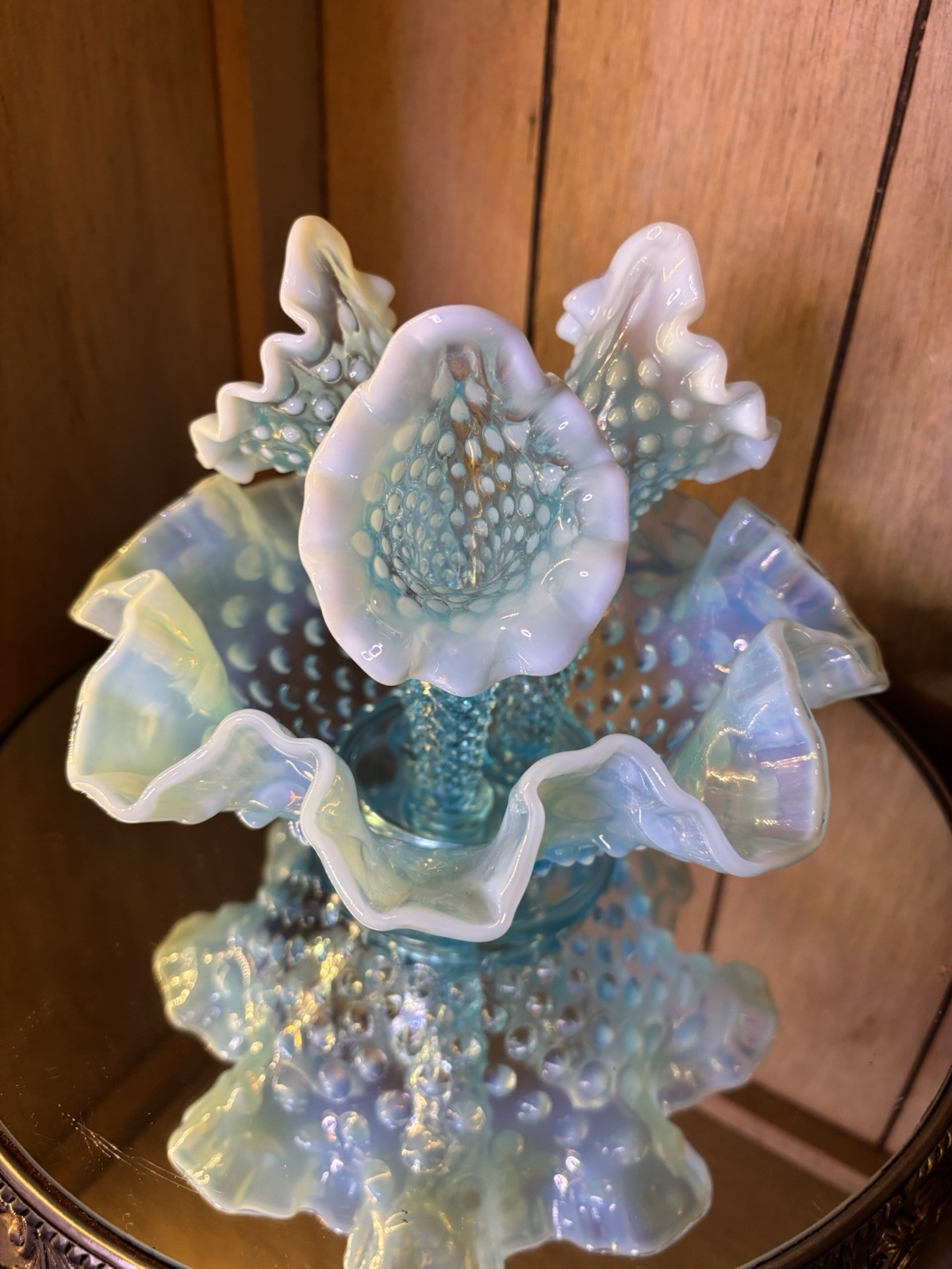 Vintage Fenton Art Glass Blue Opalescent Hobnail 3 Horn Epergne