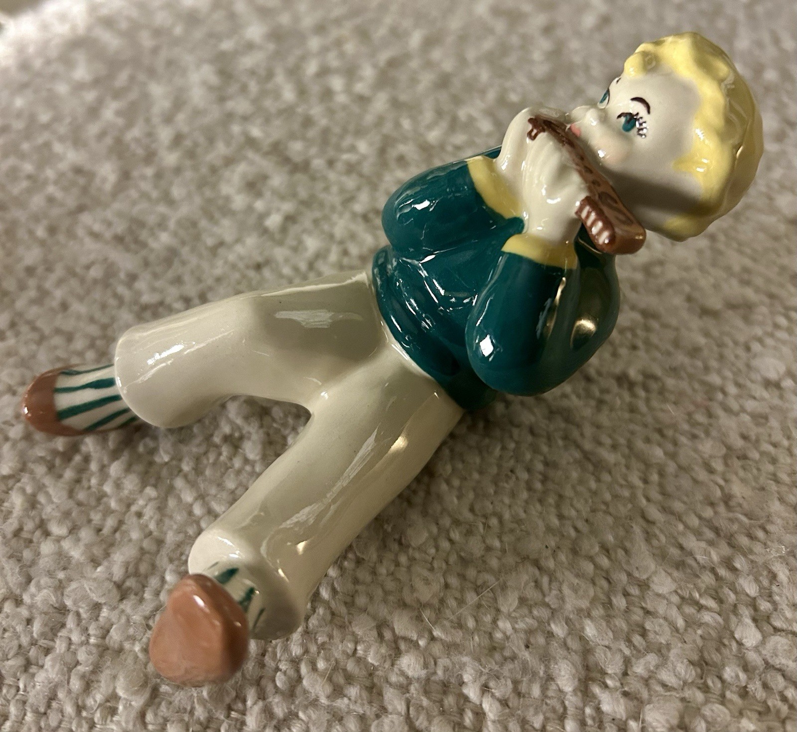 Ceramic Figurine Boy Playing Harmonica Music Theme Blue White Yellow Brown
