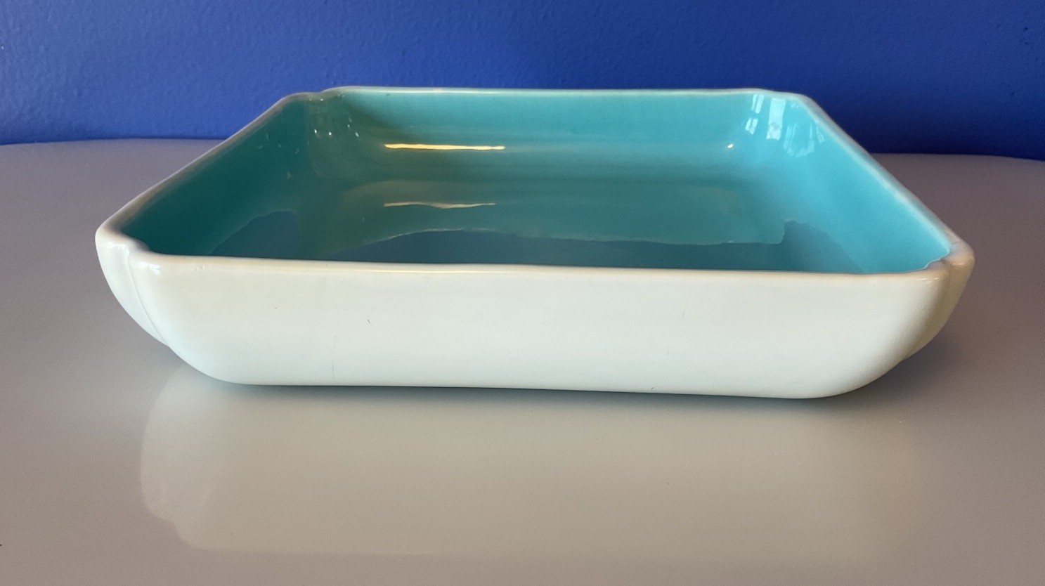 Vintage Californian Turquoise & White Square Pottery Signed Vase 9.75×9.75”