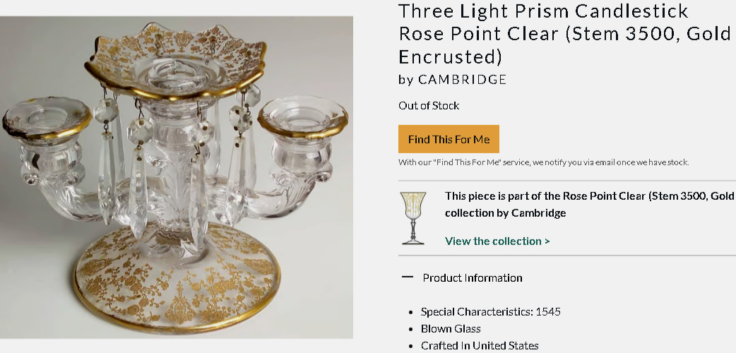 Cambridge BOBECHE ROSE POINT GOLD Encrusted (NO PRISMS) 4.5″ RARE VGC *READ*