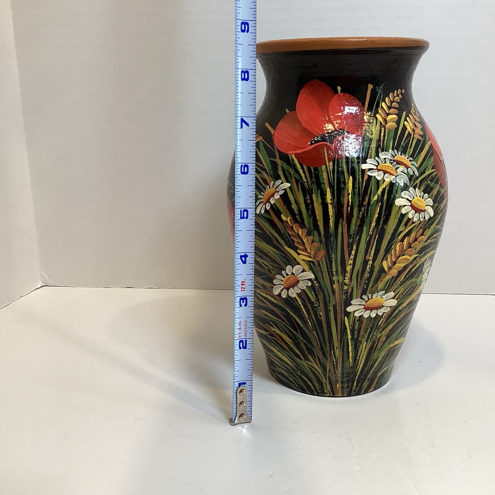 Vintage Handpainted Redware Pottery Vase with Poppies & Daisies SIGNED