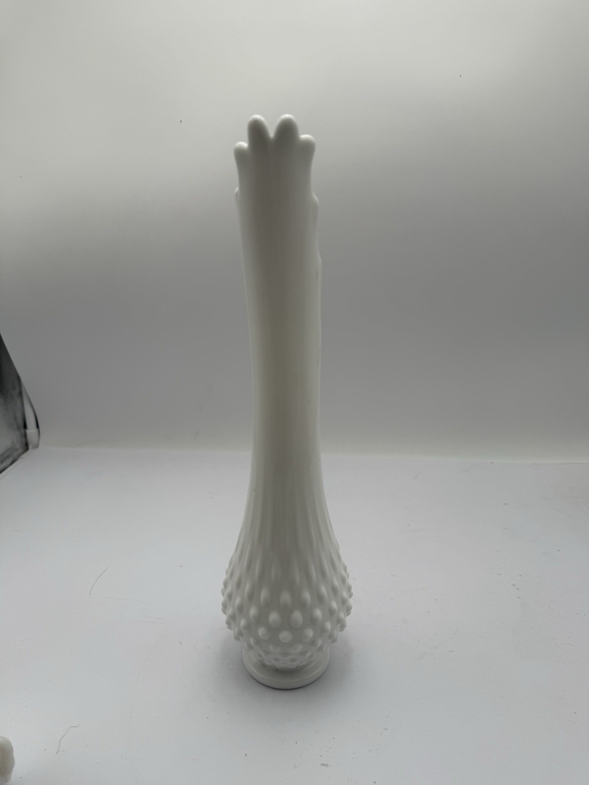 Fenton Art Glass Pre Logo White Milk Glass Hobnail Swung Vase 14″ Tall L32