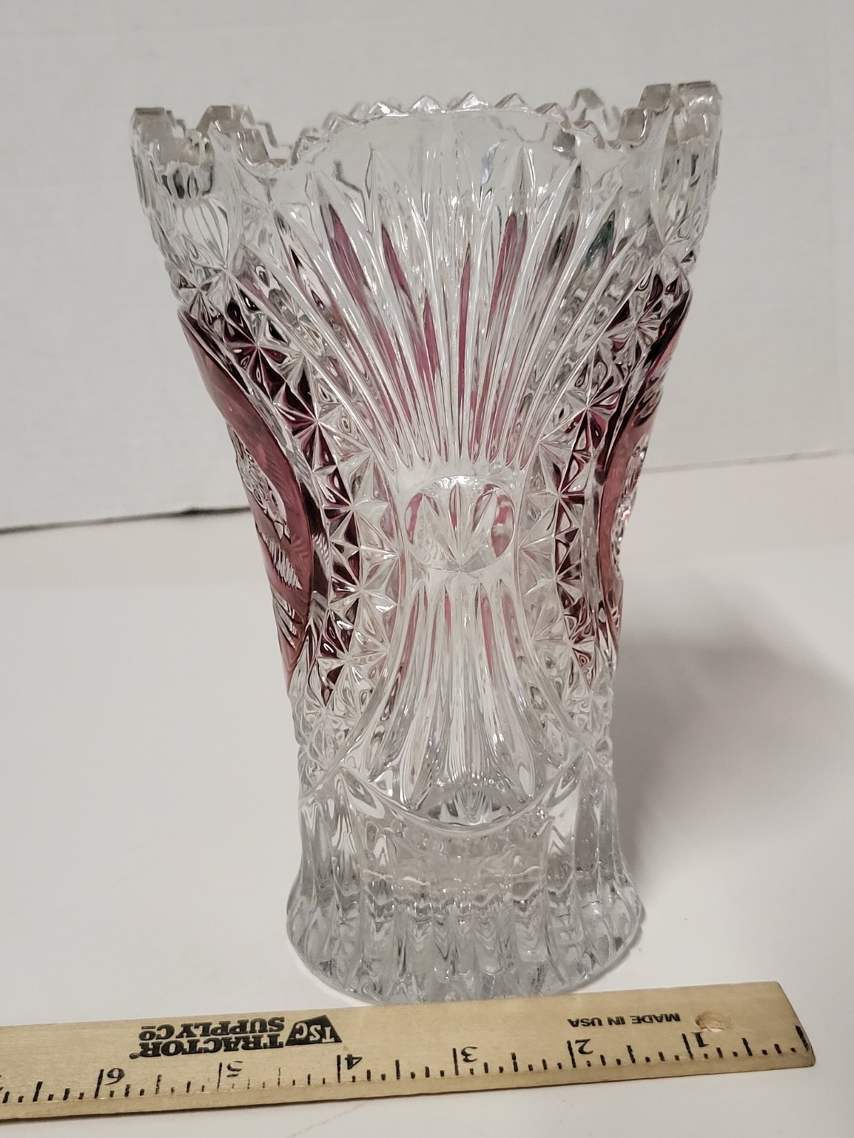 MINT Vintage Hofbauer Byrdes Ruby Red Cut to Clear Crystal 8″ Vase Germany