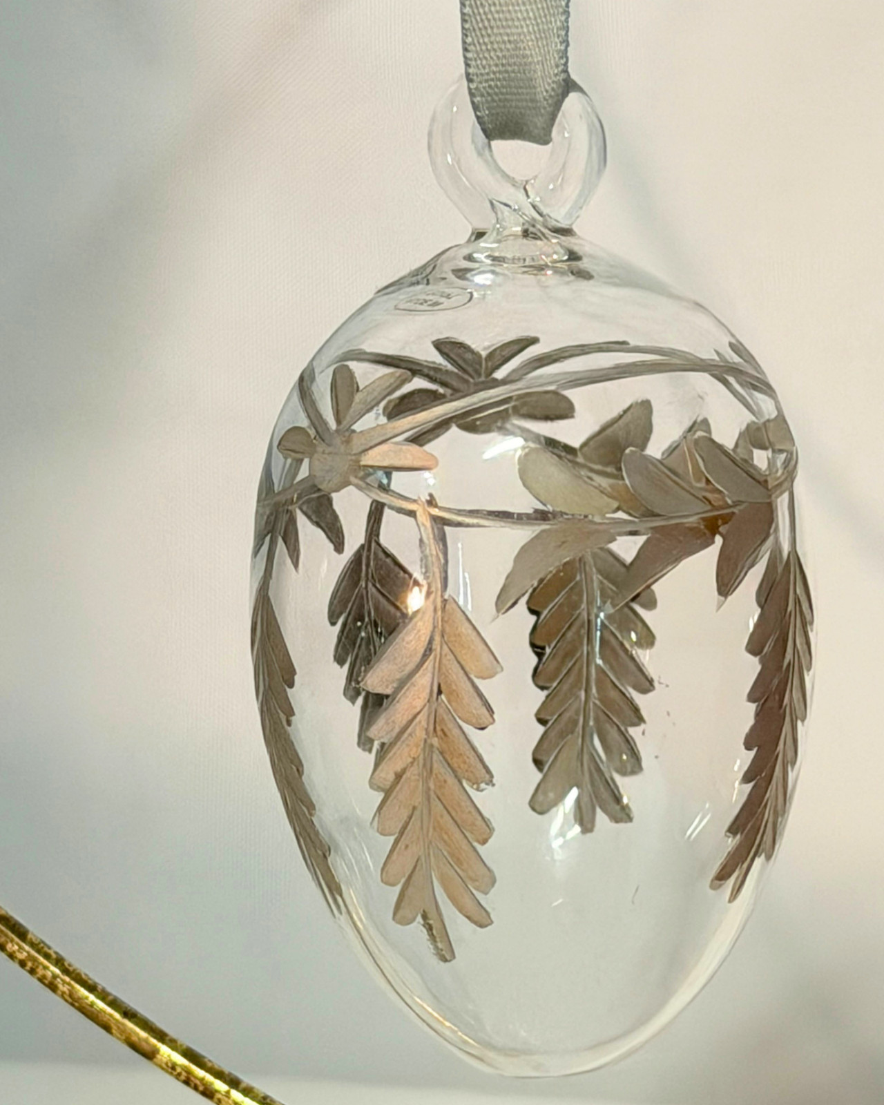 Sundance Egg of Glass Ornaments Box Set of 3 Etched Clear Glass Gold Details 3″L